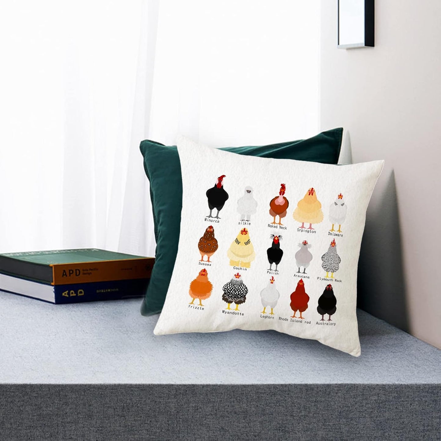 Sidhua Farmhouse Chicken Themed Pillowcase Decorations for Home, Cute Educational Breeds of Chickens Chart Pillow Cover 18”x18”, Chicken Lover Gifts, Farmer Men Women Girls Boys Gifts