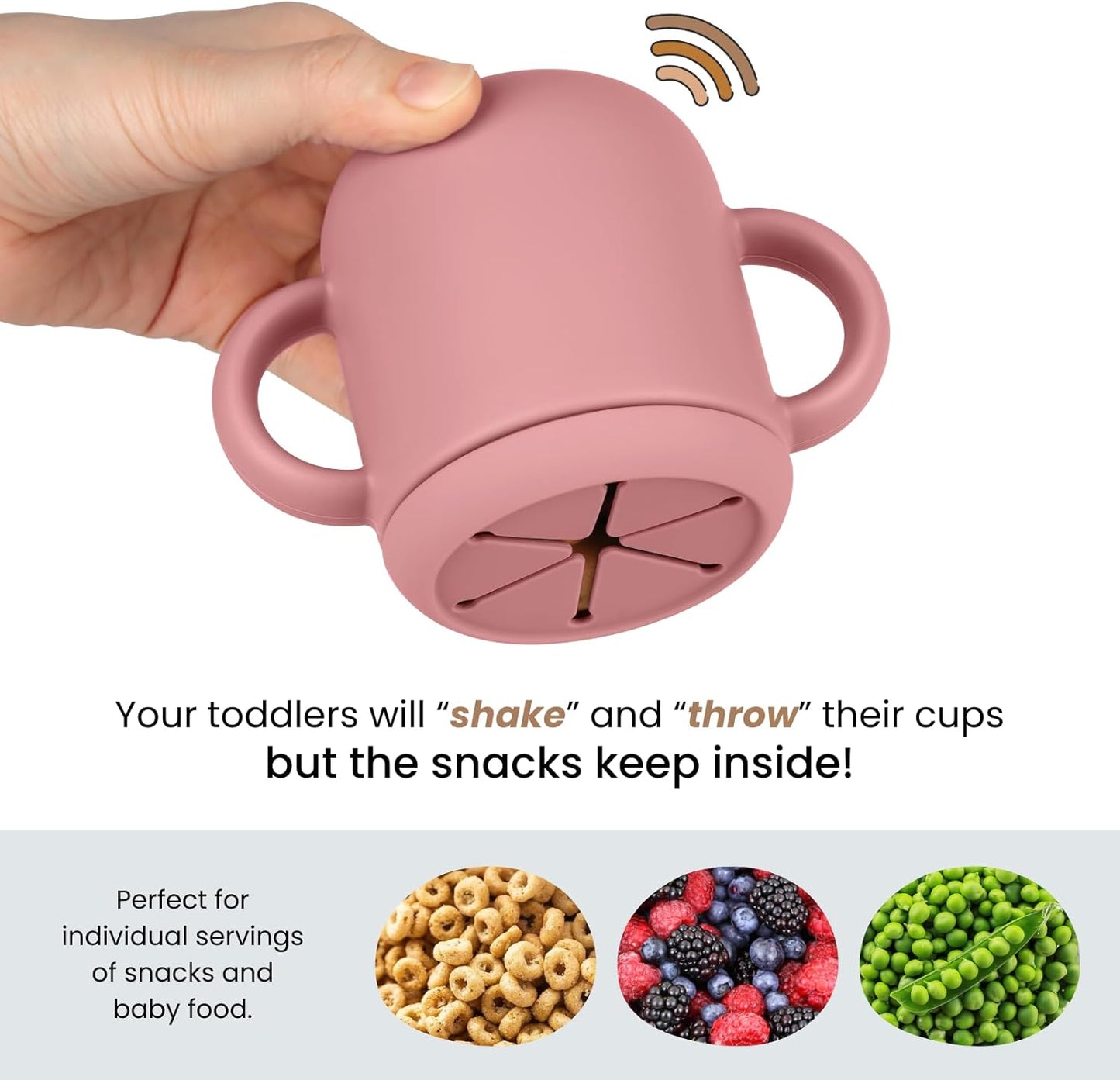 Snack Containers, Silicone Snack Cups for 6-12 Months Toddlers - Pack of 2 Food Grade Silicone Snack Cups with Grip Handle for Baby Led Weaning, Unbreakable (Blush/Mauve)
