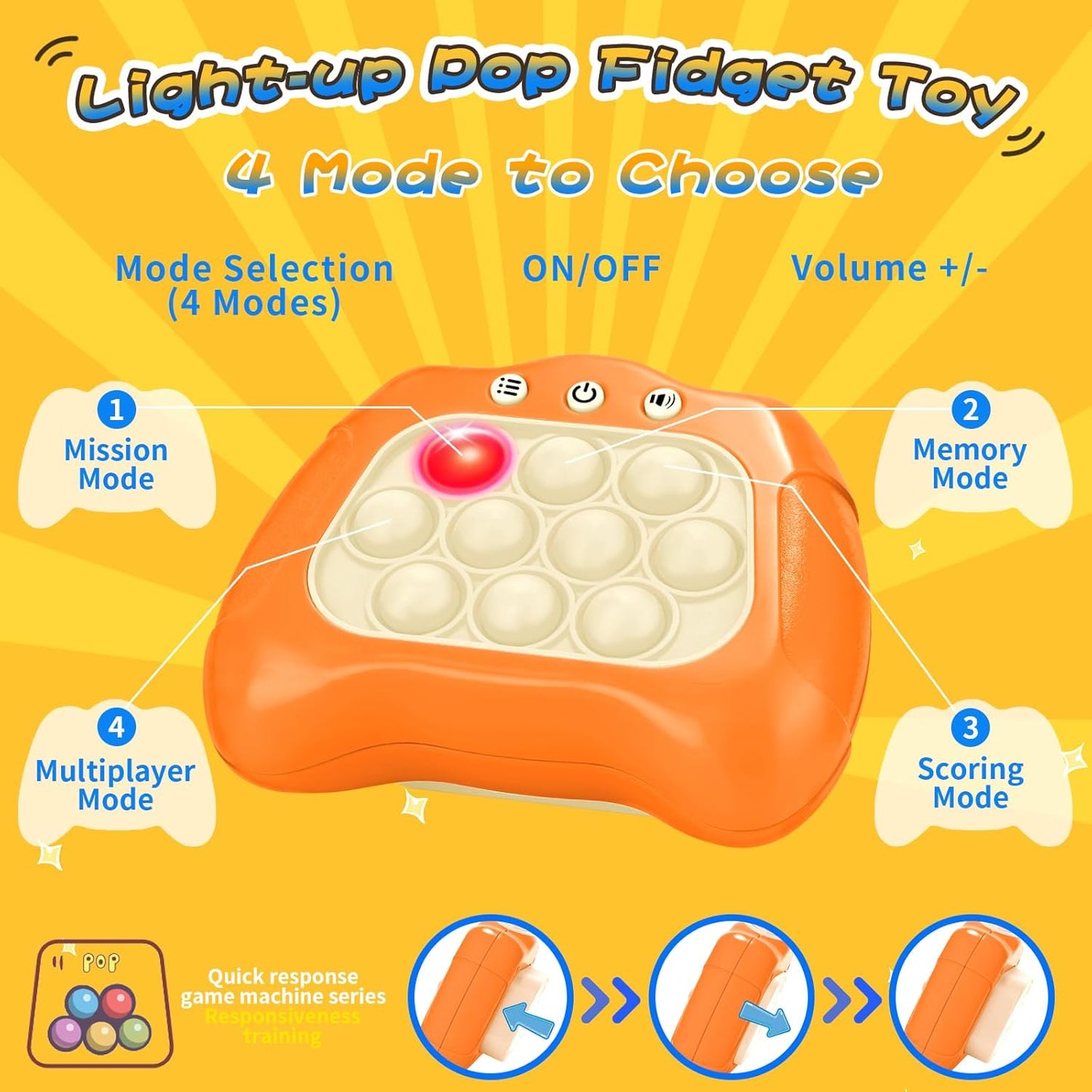 Fast Push Bubble Game, 2 Pack Light-up Pop Game Fidget Toys for Kids and Adults, Electronic Handheld Game Stress Relief Toys for 6 7 8 9 Year Old Boys & Girls (Dark Blue+Orange)