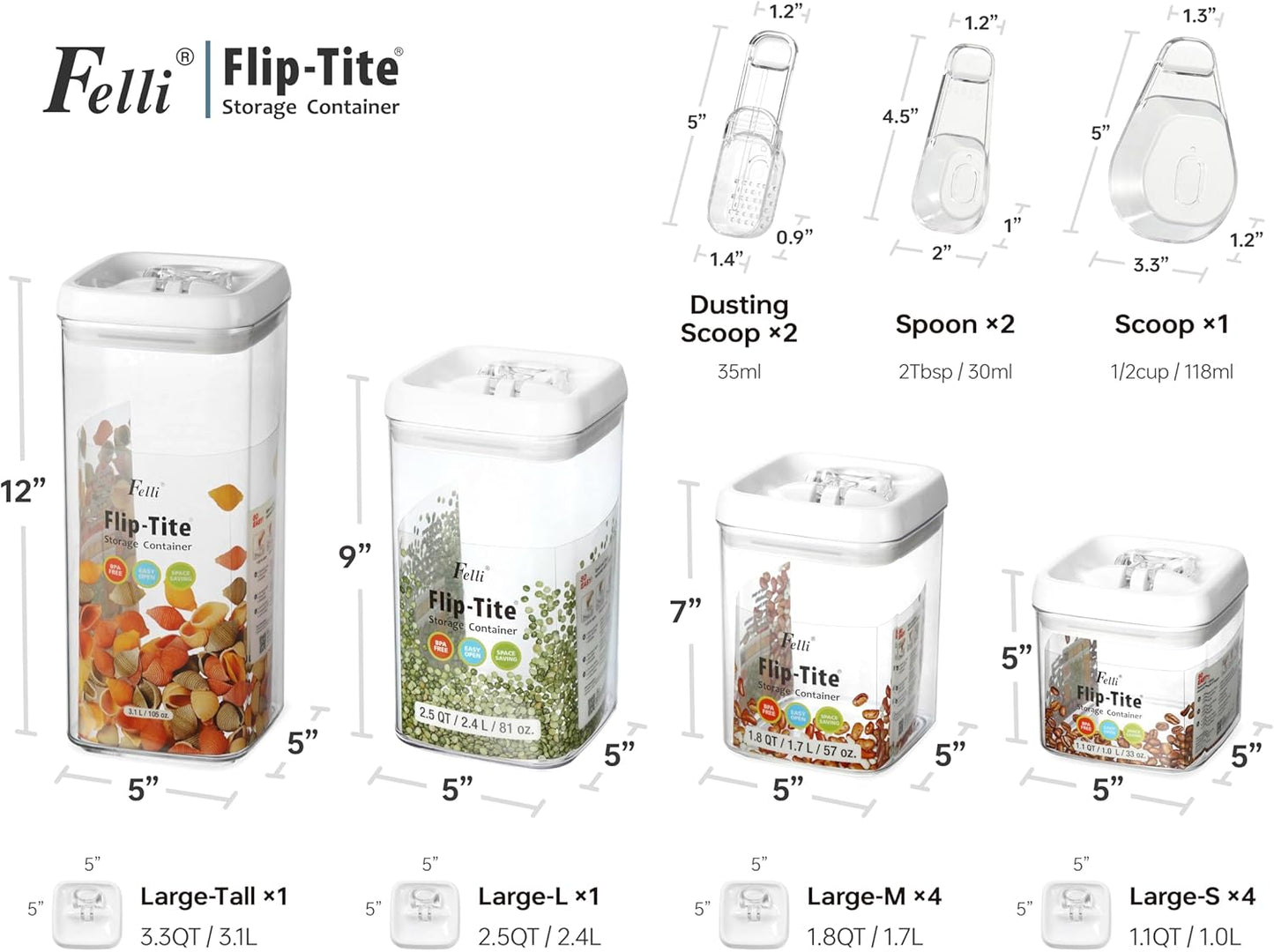 Felli Flip Tite Food Storage Container with Scoop & Lid 5" LARGE Airtight Ring Top, Acrylic Canister Jar for Sugar Flour Baking Powder Protein Rice Pasta Kitchen Organizer Gift Set (10pk, Variety)