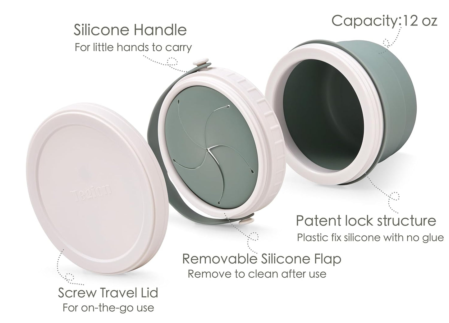 No Spill Silicone Toddler Snack Containers, Detachable Silicone Flap for Filling&Cleaning, Crumb-Free Hard Plastic Screw Travel Lid, Ultra-Soft for Baby Kids Hand In-Out, Snack Cup Holder 12 oz