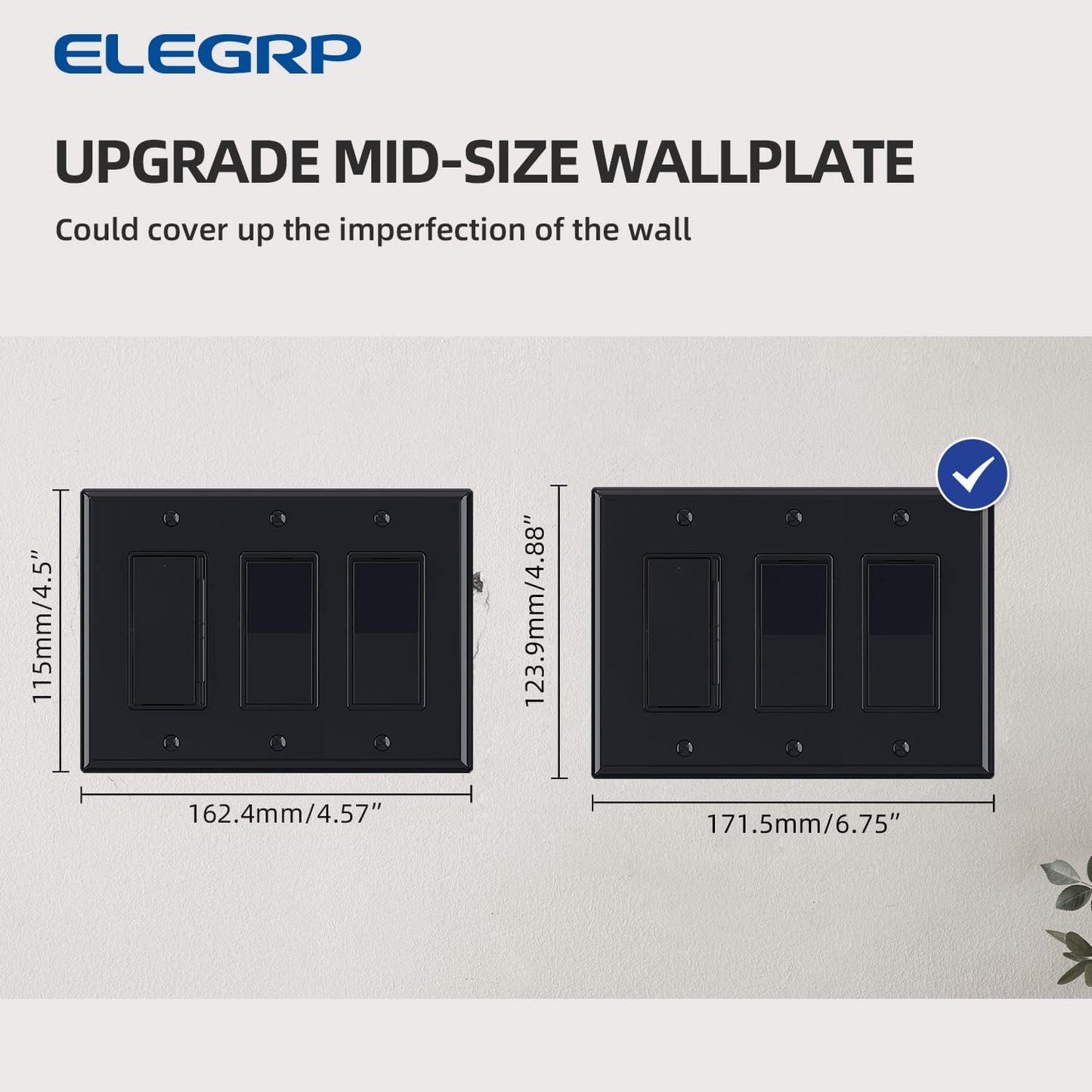 ELEGRP 3-Gang Decorative Wall Plates, Mid-Size 4.88" H x 6.75" L Unbreakable Thermoplastic Faceplate Cover for Decorator Receptacle Outlet Switch, UL Listed (10 Pack, Glossy Black)