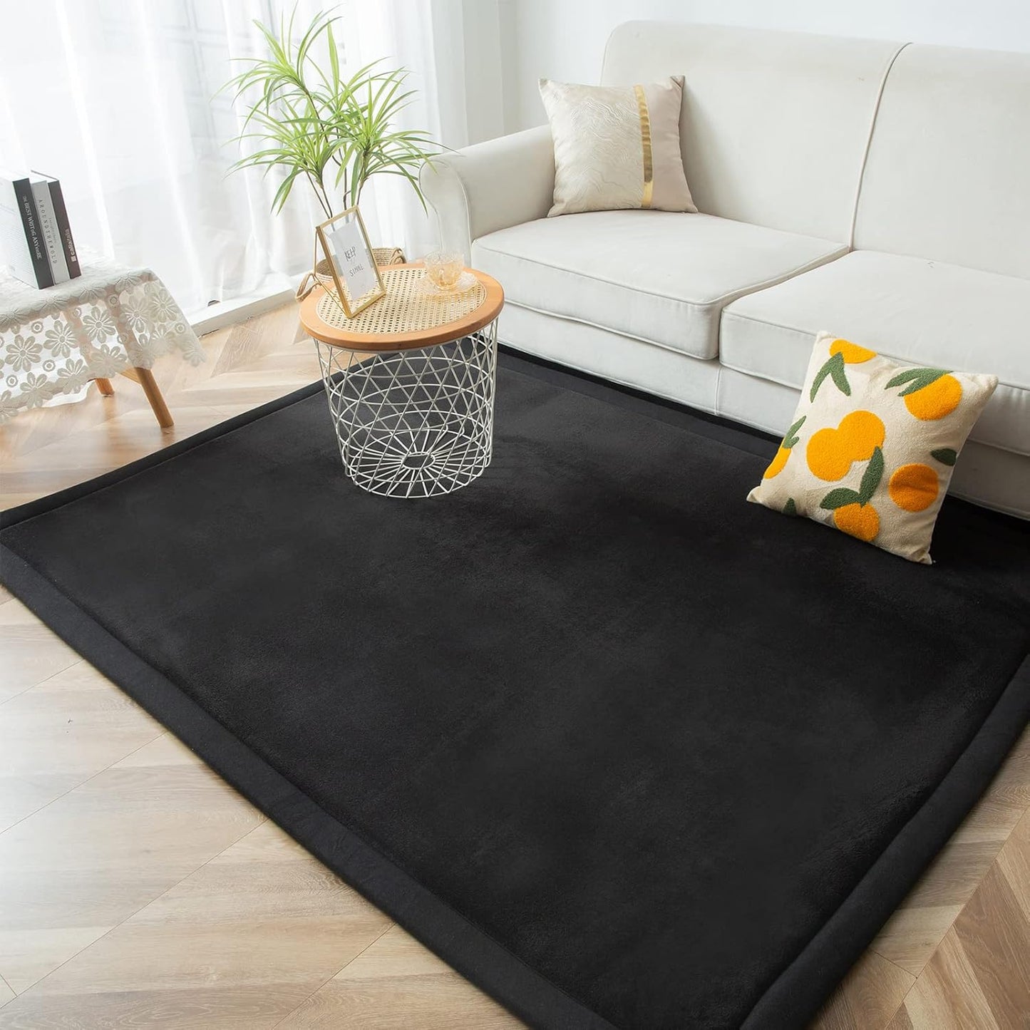 MAXYOYO Black Coral Velvet Area Rug, Thick Japanese Tatami Mat Living Room Carpet with Non-Slip Backing, Large Solid Color Mat for Bedroom Dormitory Yoga, 78 by 78 inch