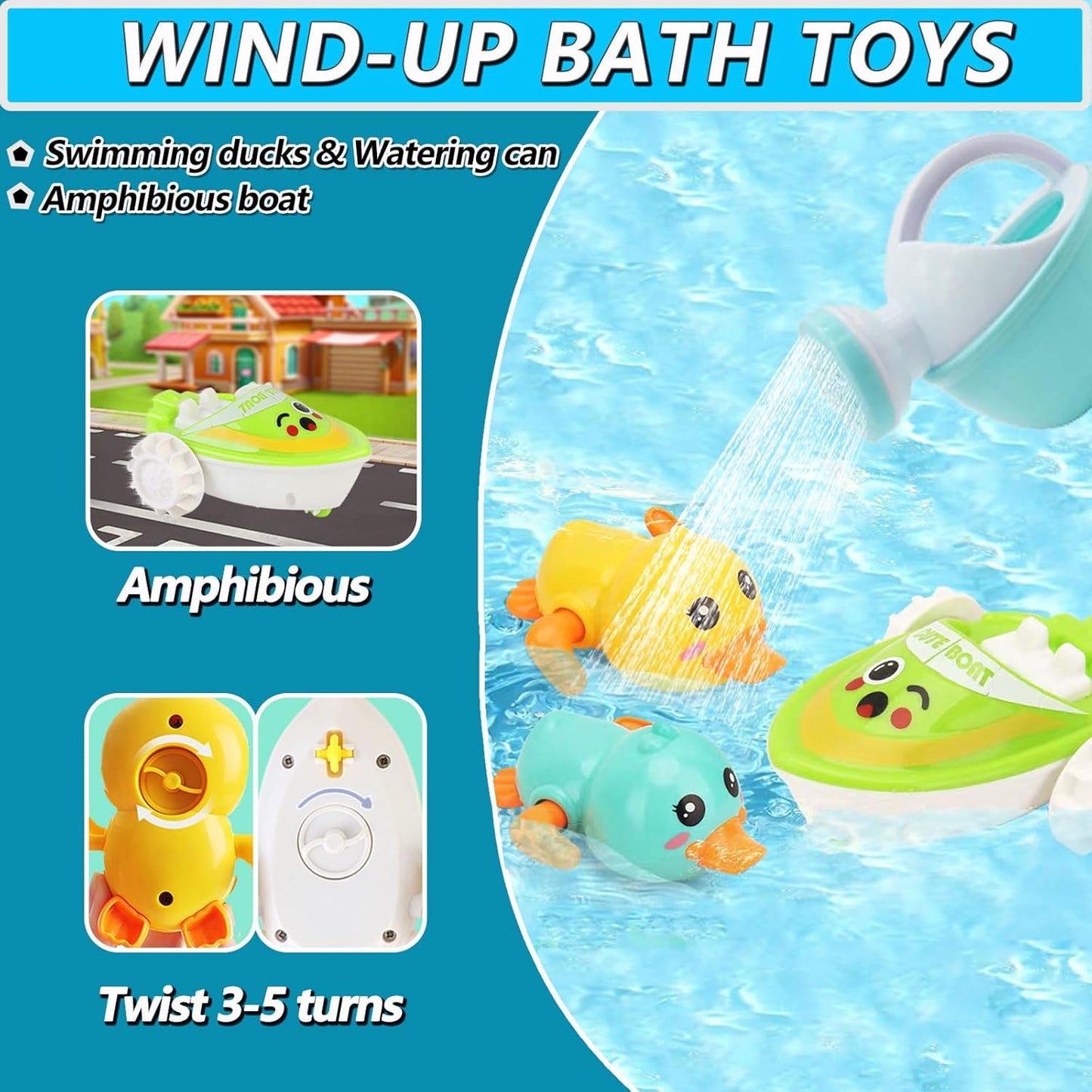 No Hole Bath Toys for Babies 0-6-12 Months+, Wind-up Swimming Ducks & Boat Bath Toys for Kids Ages 1-3, Baby Pool Toys Fishing Net Water Toys Watering Can, Toddler Bath Toys for 1+ Year Old Boy Girl