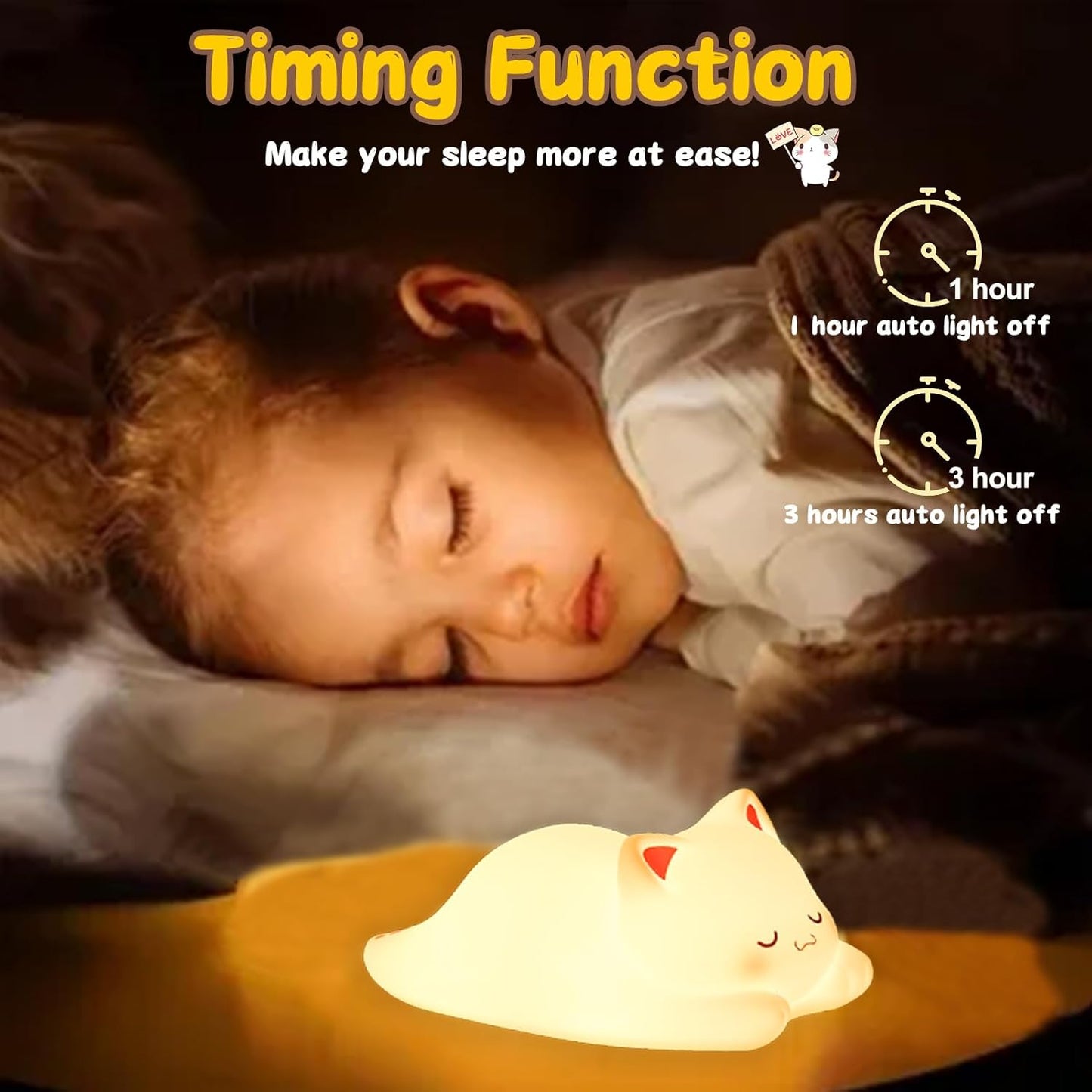 Tremdwoto Cat Night Light for Kids,Cute Colorful Night Light Baby Girl Squishy Night Light Lamp 1/3 Hour Timer Kitty Light Dimmable Nursery Lamp Nightlight (cat -Sleeping)