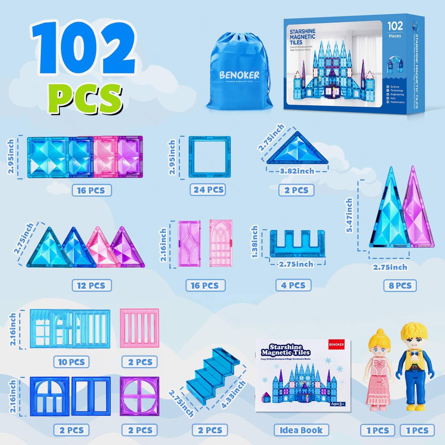 102PCS Ice Castle Magnetic Tiles, 3D Building Blocks STEM Educational Kids Toys for Pretend Play, 3 4 5 6 7 8 Year Old Birthday Gifts for Boys and Girls, Preschool Learning Toys for Birthday