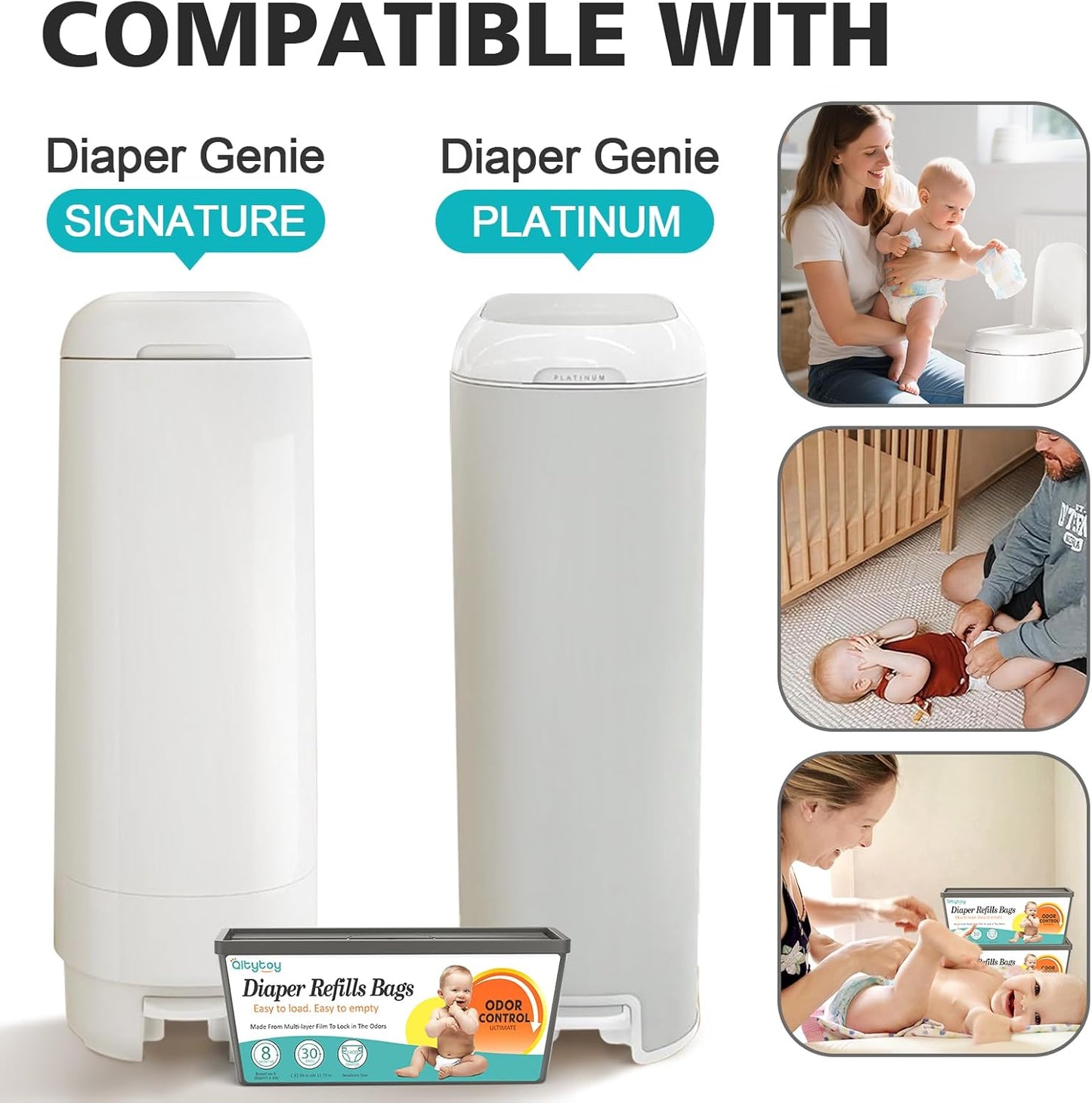 Refills Compatible with Diaper Genie Easy Roll Signature & Platinum Diaper Pail,2-Pack (60 Bags) for 2800 Newborn Diapers,7-Layer Powerful Odor Control.Extra Thickness,Durable & No Tear