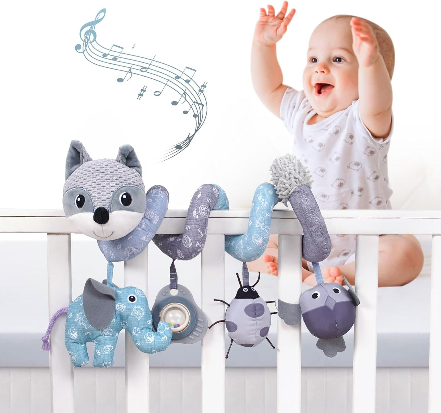 Jollybaby Baby Car Seat Stroller Toys, Plush Activity Hanging Spiral Activity Pram Crib with Music Box, Rattles, Squeaker for Babies Infant Boys Girls(Grey Fox)