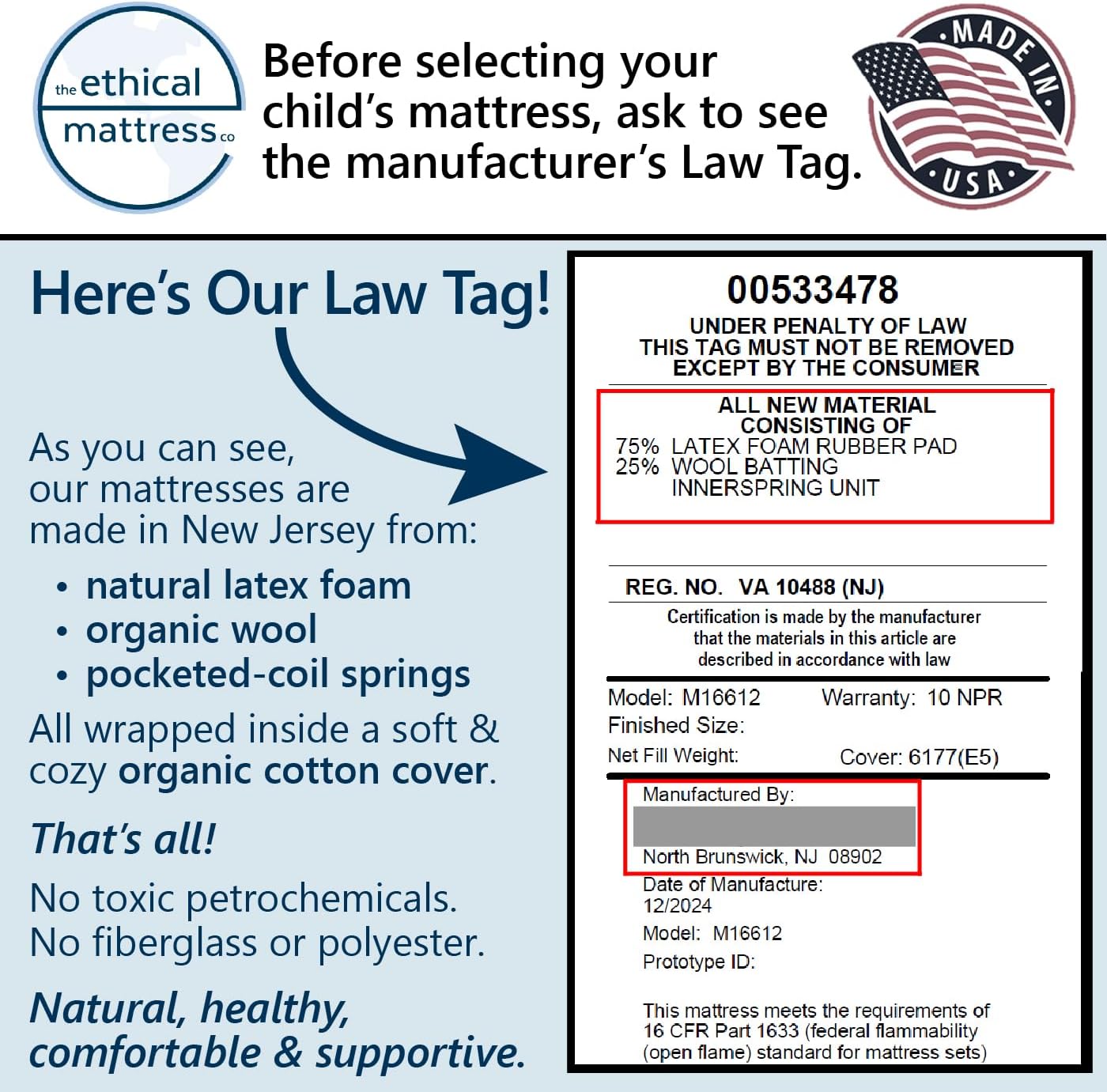 Ethical Mattress CO 6" Kid’s Mattress, Toxin-Free, Made in The USA with Organic Cotton, Wool, Latex & Pocketed Coils (Bed-in-a-Box); Perfect for bunk beds, trundles & Platform beds - Full Size