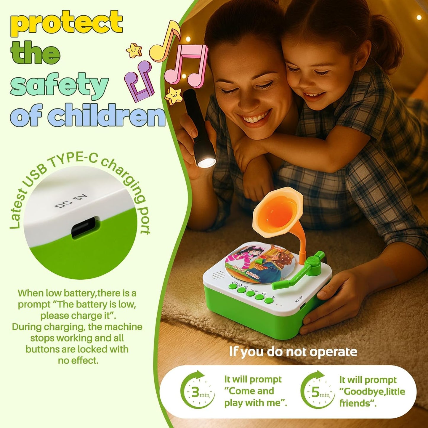 Kids Phonograph Toddler Record Player, with 96 Learning Cards, Early Education Machine Record Player Music Box Storyteller pop Speakers, Gift for Boys and Girls