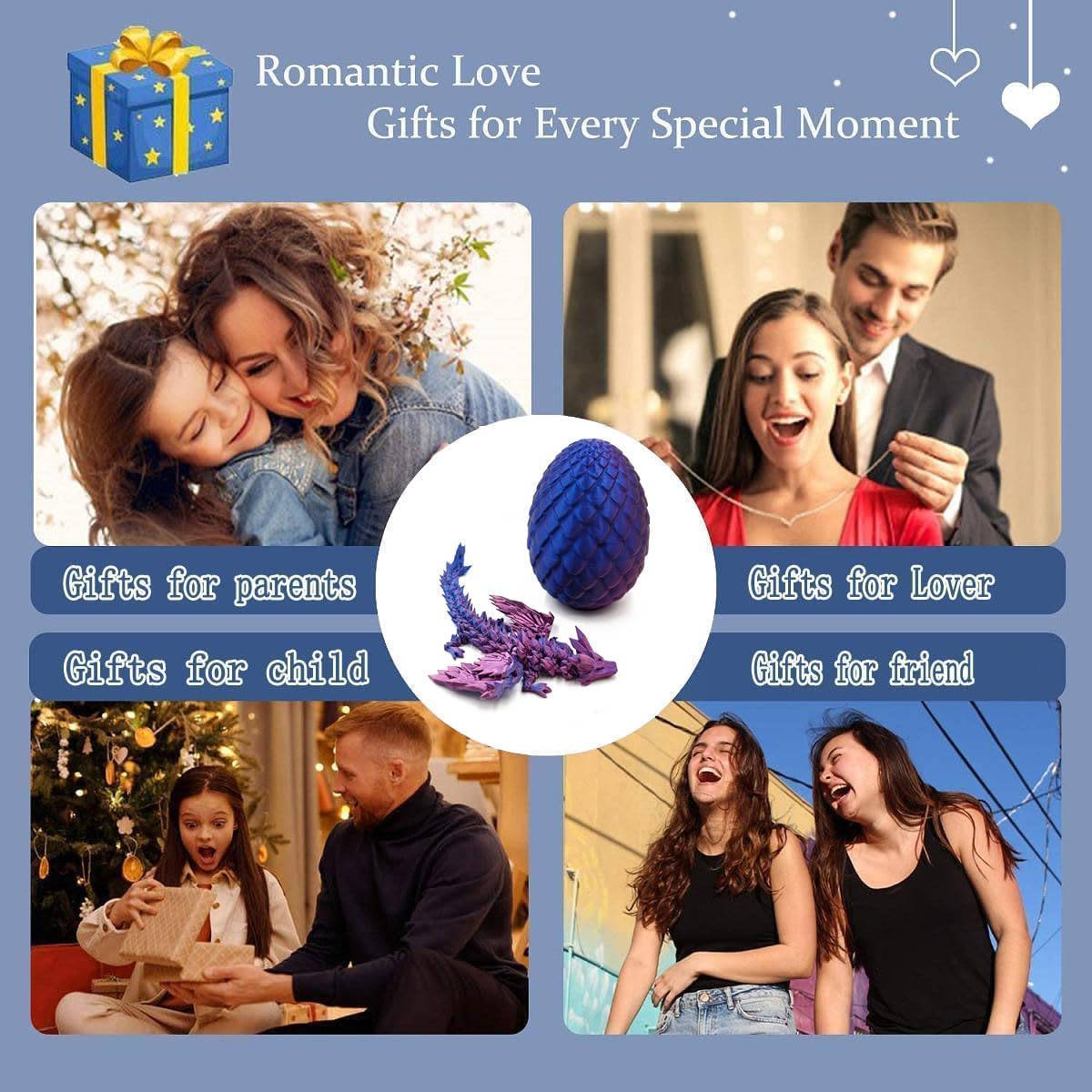 3D Printed Dragon with Wings, 3D Printed Dragon Eggs with Dragon Inside, Dragon Fidget Toy, Articulated Crystal Dragon in Egg, Home Office Decor(Red)