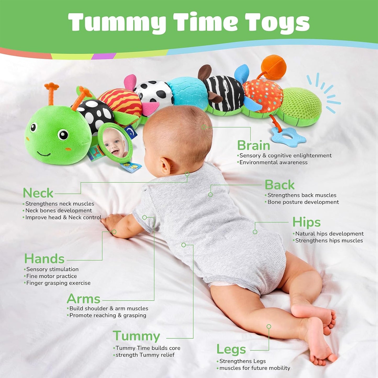 Baby Toys 6-12 Months Music Caterpillar Infant Toys Stuffed Animals 0-3-6 Months Tummy Time Teething Sensory Toys with Mirror Rattle&Pull String for Boys Girls Birthday Gifts|Grass Green,Leafy
