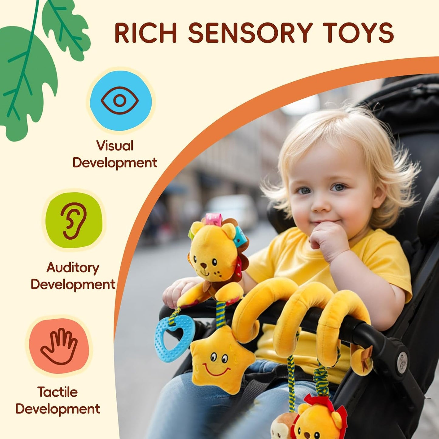 Jollybaby Crib Stroller Car Seat Toys for Baby 0-3-6-9-12 Months, Tummy Time Hanging Sensory Toys for Newborn with Music Box and Teether, Spiral Carseat Toy for Infant Boys Girls Gifts (Little Lion)