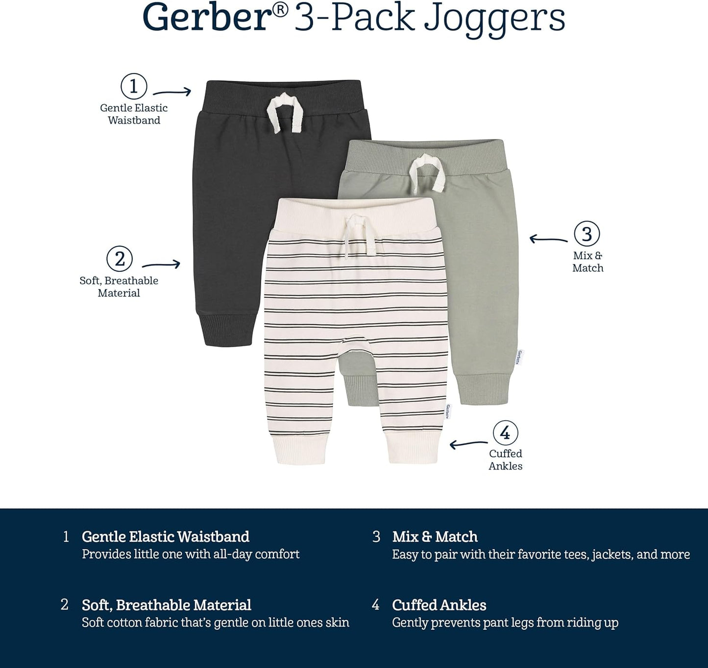 Gerber Baby Boys' Toddler 3-Pack Jogger Pants