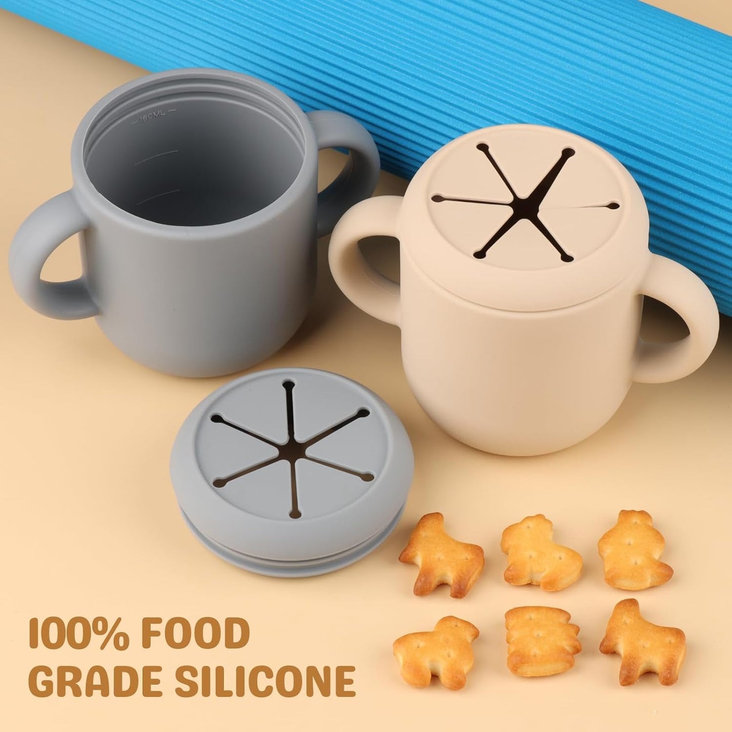 Snack Containers, Silicone Snack Cups for 6-12 Months Toddlers - Pack of 2 Food Grade Silicone Snack Cups with Grip Handle for Baby Led Weaning, Unbreakable (Sand/Natural)