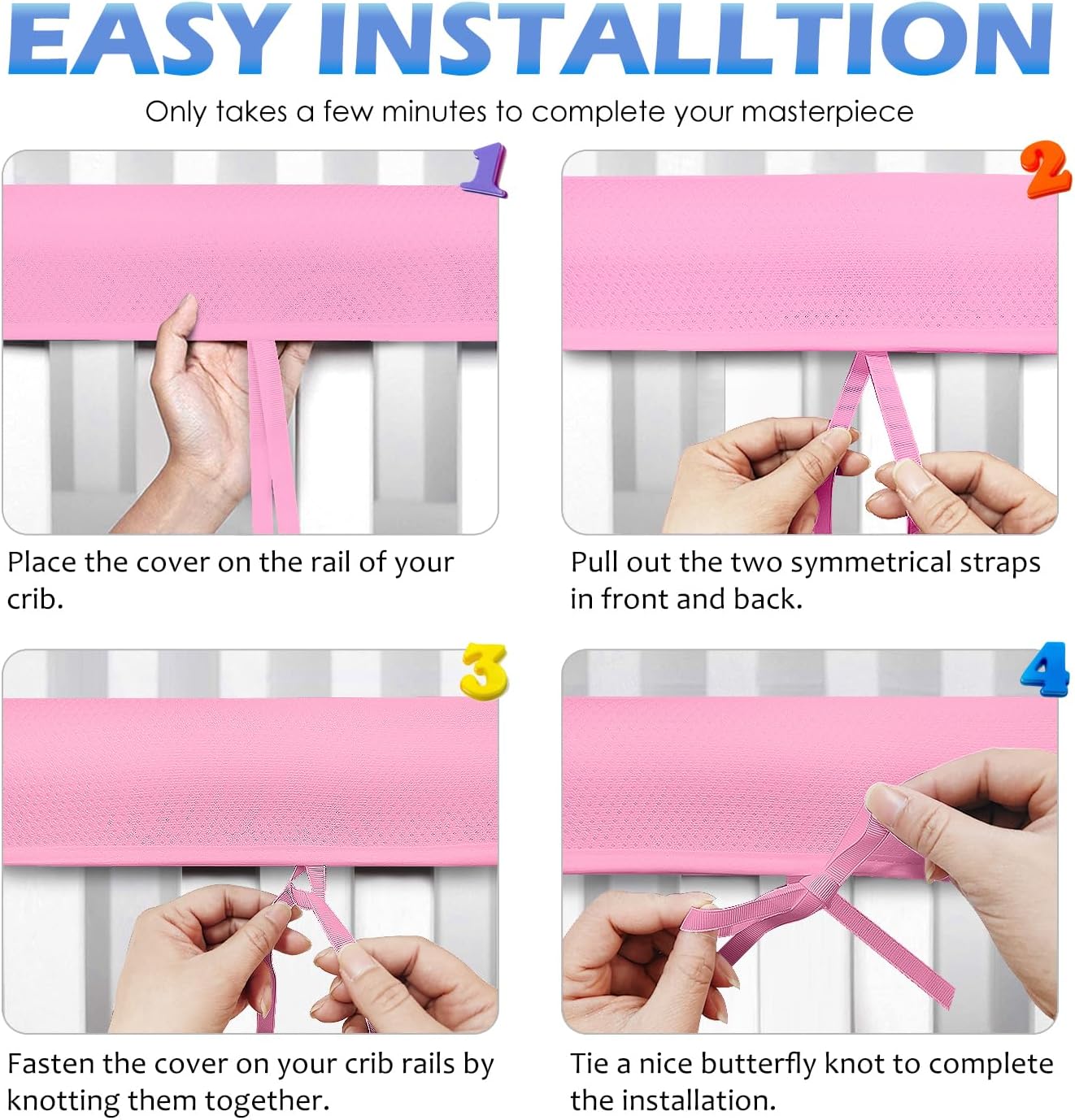 3 in 1 Crib Rail Covers for Life Size Cribs,White Soft Anti-Collision Strip Corner Covers,Protect Baby Teeth and Save Crib Rails, Rail Edge Protector Strip (white01) (Pink)