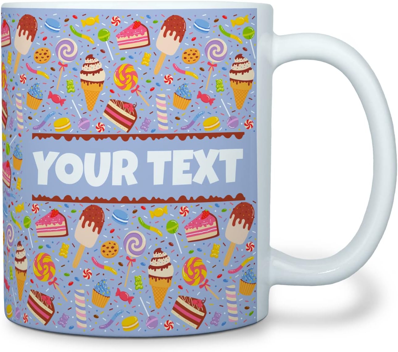 Personalized Mug for Kids - Sweets - Custom Name/Text, Ceramic Hot Chocolate/Cocoa/Coffee Cup for Boys/Girls, Birthday/Christmas/Holiday Gift - 11 oz, White Handle