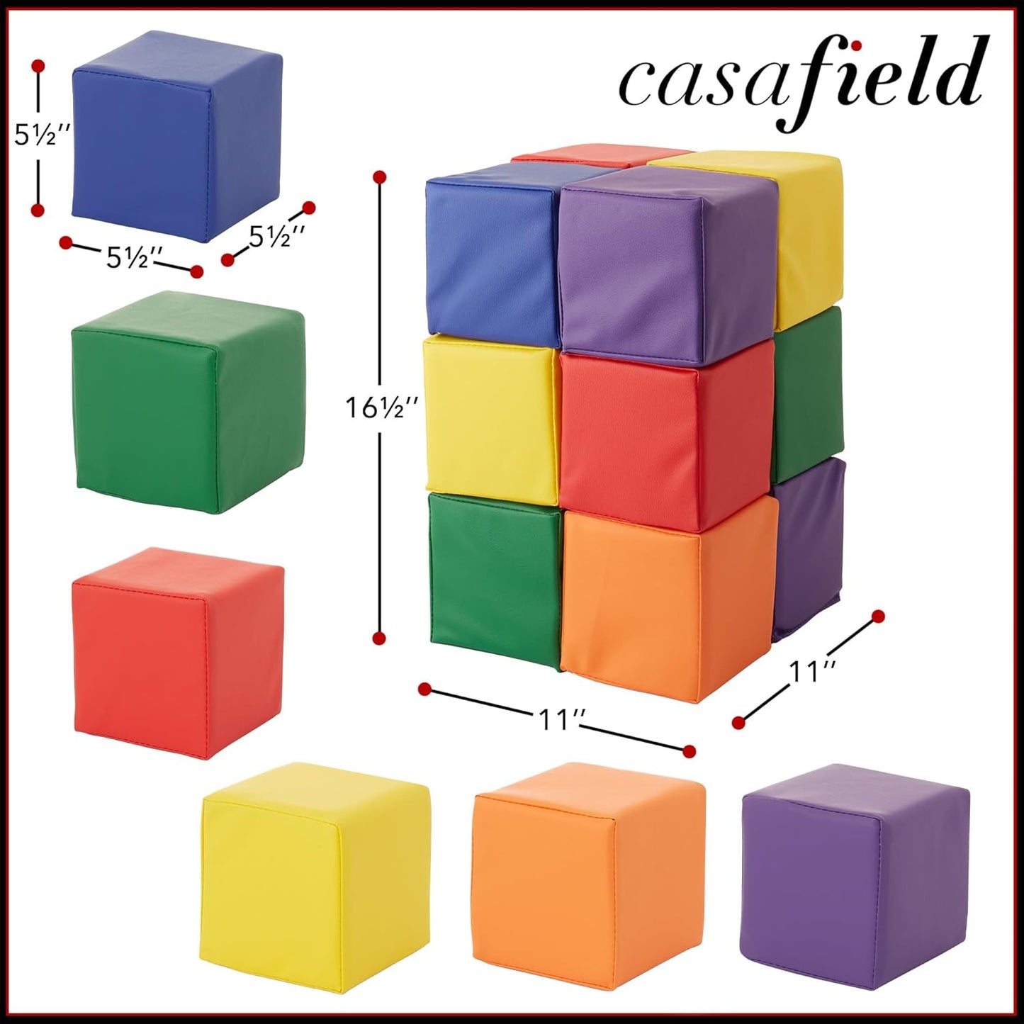 Casafield Toddler Foam Building Blocks (12-Piece Set), 5.5" x 5.5" Soft Play Colorful Kids Stacking Cubes for Daycare, Nursery, Preschool