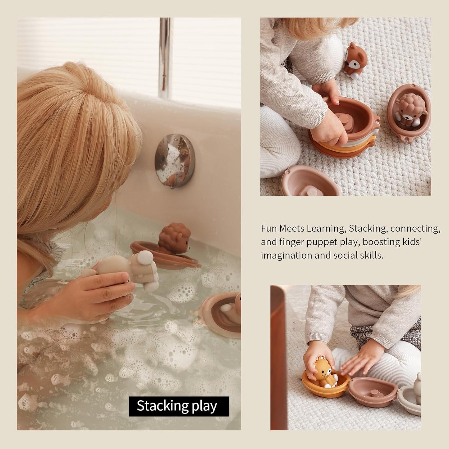 Nueplay Bathtub Toys for Toddlers 18M+,Baby Bath Toys with Animal Finger Puppets, Stackable Boat Train ,Gift for Baby & Toddlers Set of 12