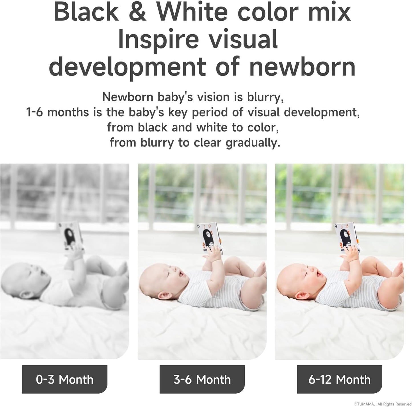 TUMAMA Black and White Baby Toys, High Contrast Tummy Time, Newborn Soft Books Mirror Rattles, Montessori Sensory 0-12 Months, Hanging Infant for Carseat Stroller Play Mat Crib