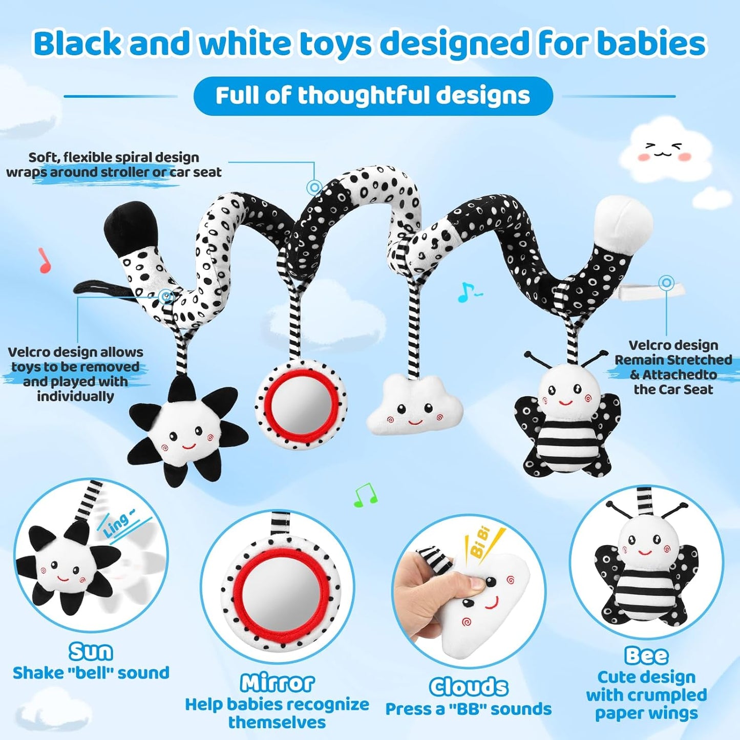 Car Seat Toys Hanging and Stroller Toys for Babies 0-6 Months,High Contrast Baby Toys for Newborn 0 3 Months Brain Development,Black and White Baby Toys for Crib Mobile,Infant Ideal Gift