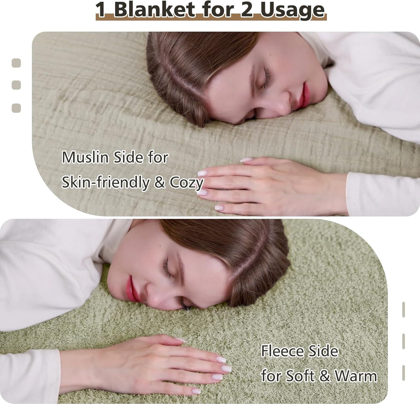 EMME Muslin and Fleece Throw Blanket Reversible - 50"*60" Sage Green Soft Warm Throw Blankets for Couch Bed Picnic Travel Bed