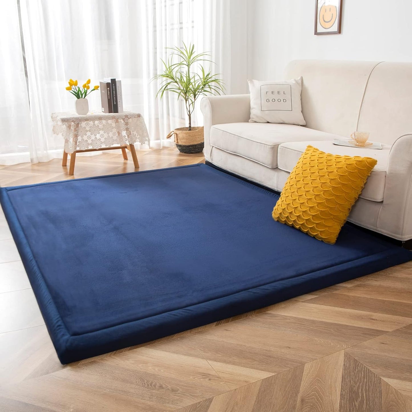 MAXYOYO Coral Velvet Area Rug, Thick Japanese Tatami Mat Living Room Carpet with Non-Slip Backing, Large Solid Color Mat for Bedroom Dormitory Yoga, Navy, 59 by 78 inch