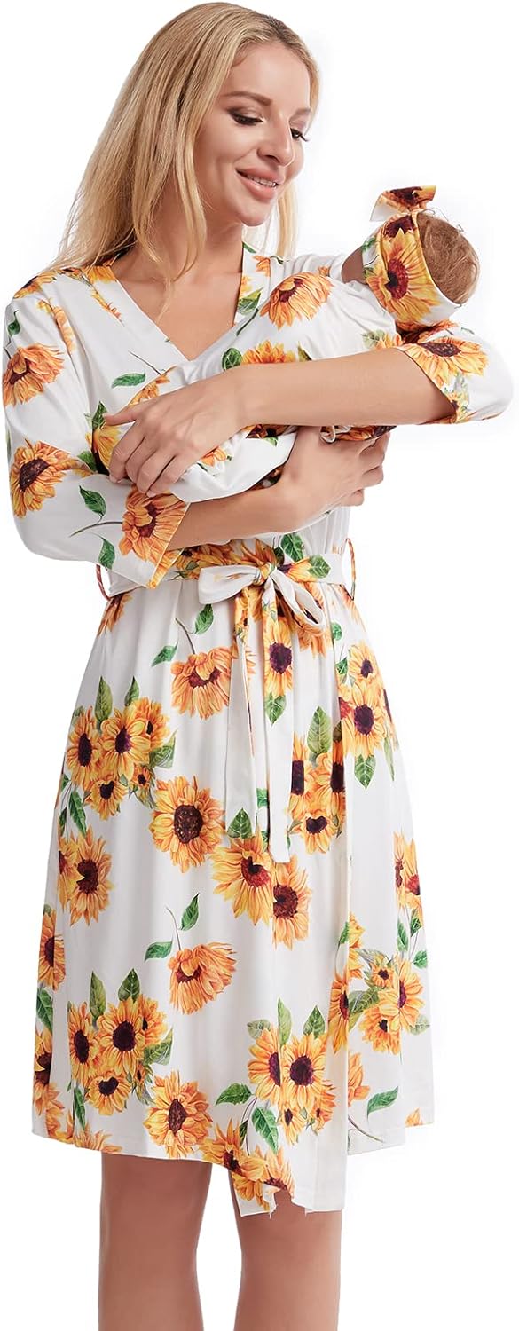 Galabloomer Maternity Robe and Baby Receiving Blanket, Matching Mommy Labor Delivery Robe and Swaddle Set