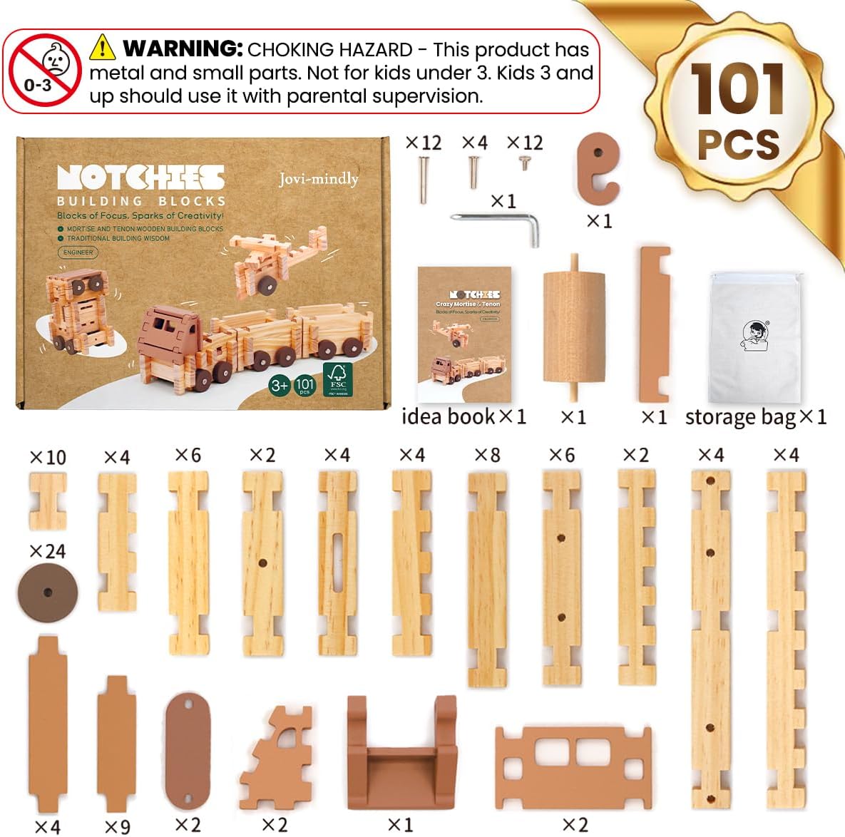 Jovi-mindly&Notchies Wooden Blocks Train Set 101 PCS Create 40+ Shapes,Toys Educational Wooden Building Blocks Puzzles for Kids Ages 5-8 Boys and Girls,Truck/Excavator,FSC Certified,Graduate Gifts