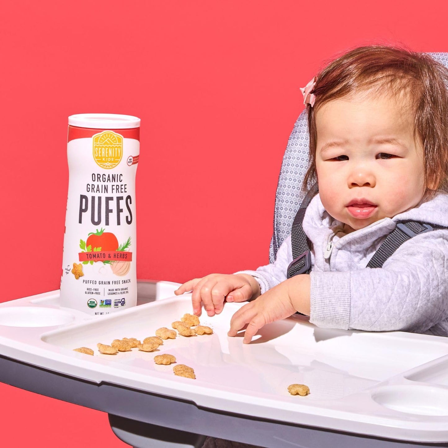 Serenity Kids 6+ Months Grain-Free Allergen-Safe Puffs for Toddlers & Babies - No Grains, Gluten, Nuts, Rice - Organic Veggies, Legumes, Olive Oil, Tomato & Herbs - 6 Count - Can Of Puffs