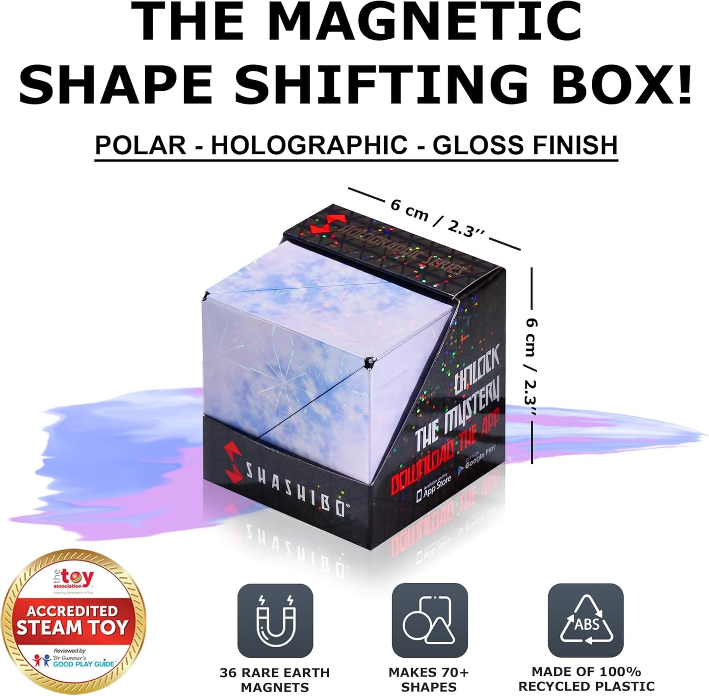 SHASHIBO Shape Shifting Box - Award-Winning, Patented Fidget Cube w/ 36 Rare Earth Magnets - Transforms Into Over 70 Shapes, Download Fun in Motion Toys Mobile App (Holographic - Polar)