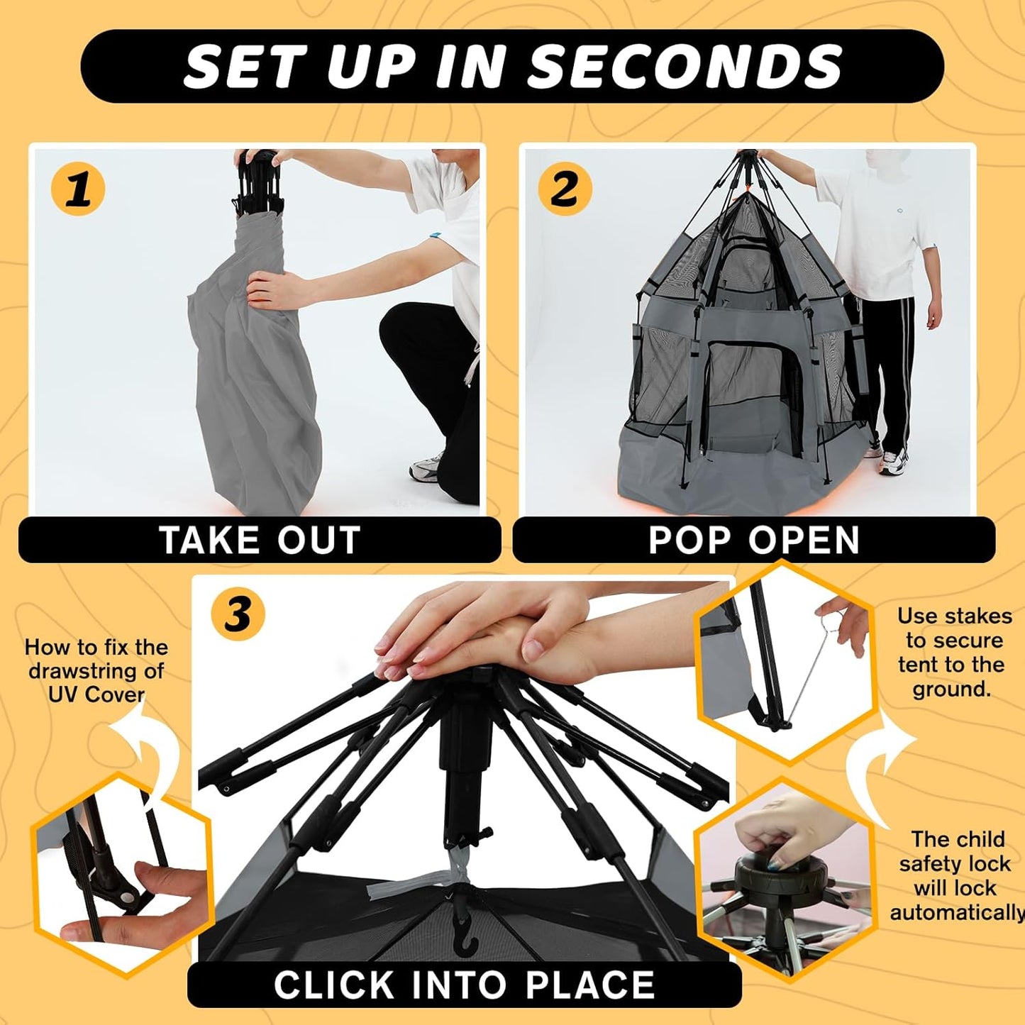 Pop Up Playpen for Babies with Canopy & Safety Lock - Outdoor Baby Playpen with 6 Ground Stakes & 6 Sand Stakes, UV Protection & Carry Bag, Instant Beach Tent for Indoor/Outdoor Use(Grey)