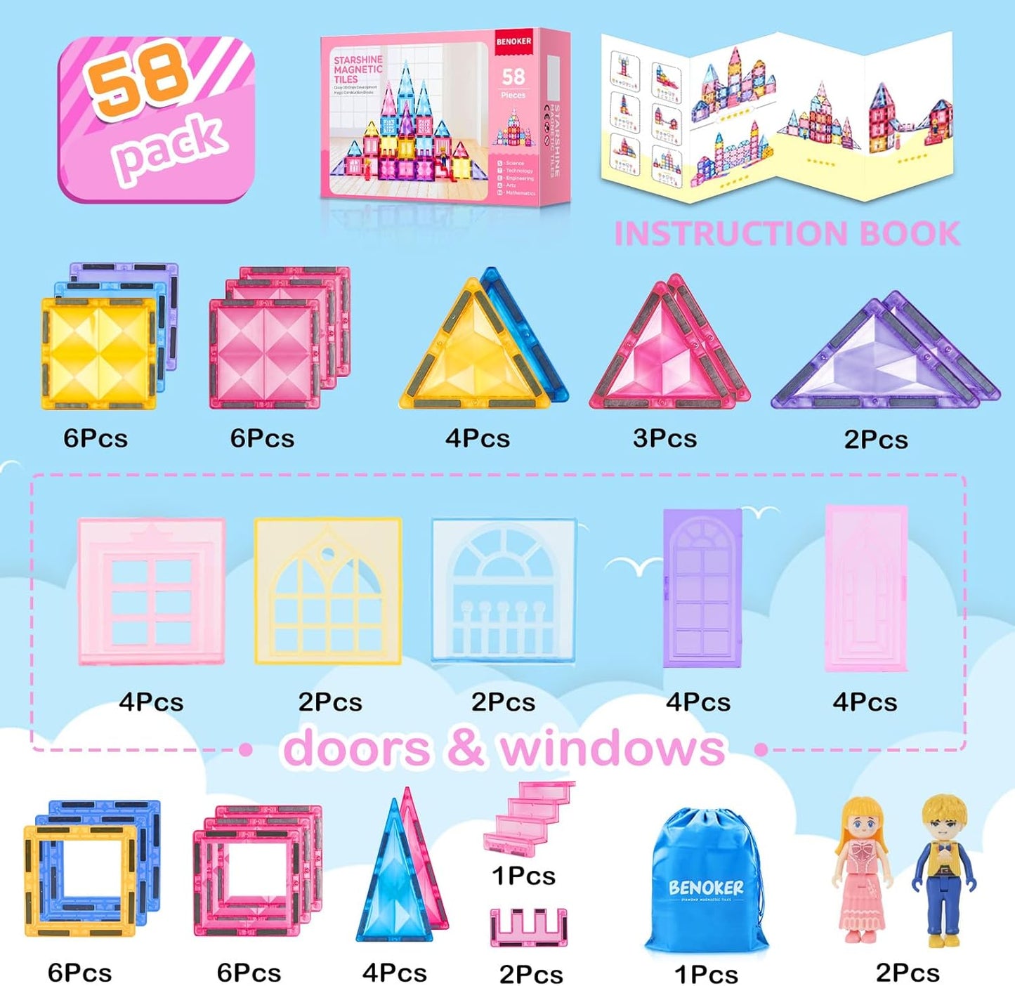 Pink Castle Magnetic Tiles for Kids Ages 3-8, 3D STEM Toys with Sparkling Building Blocks, Creative Educational Gift for Boys and Girls, Preschool Learning Toys for Birthday