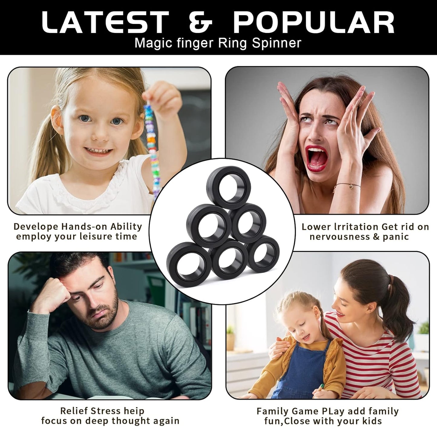 6PCS Magnetic Rings Fidget Toys,Fidget Stress Toy Pack, Adult Finger Fidget Toys, ADHD Anxiety Relief Decompression Magical Ring Fidget Toy,Teens Kids Gift 8 9 10 11 12 Year Old for Boys Girl