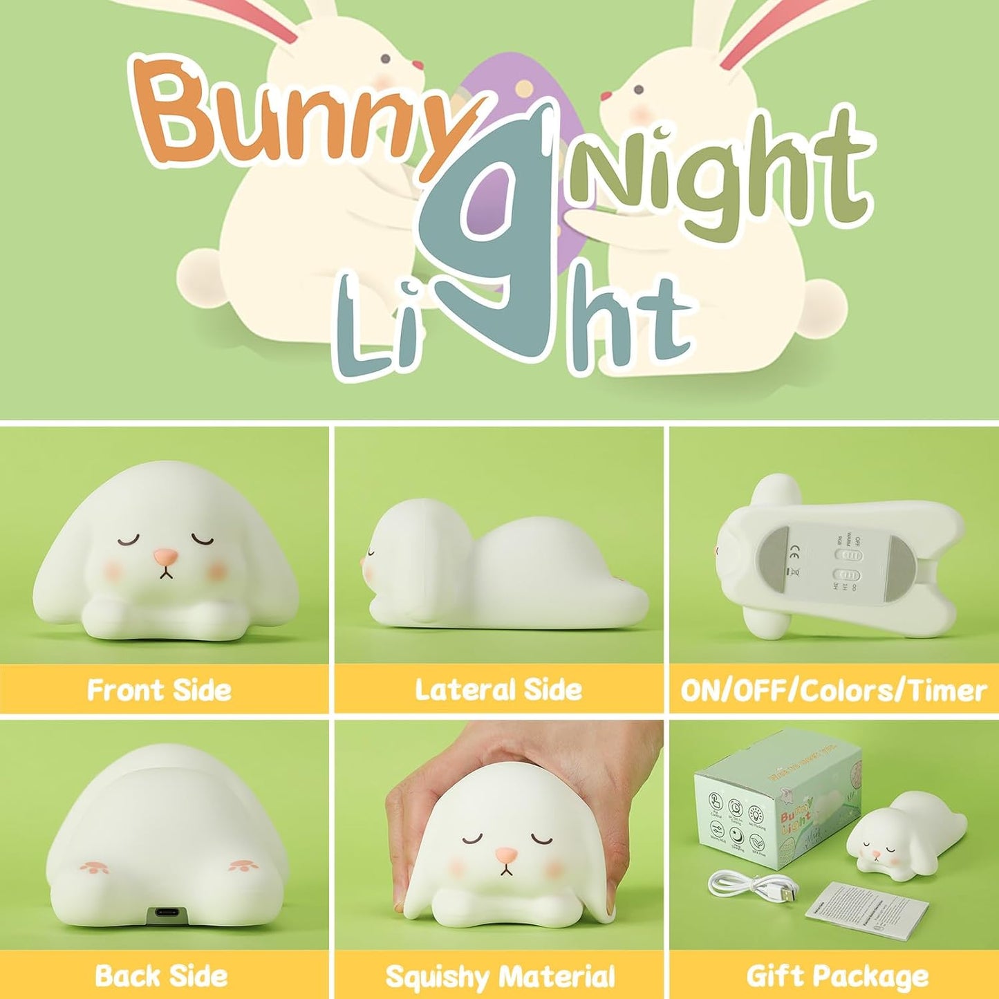 LOVERUIS Night Lights Squishy Light Bunny Colorful Night Light for Kids 1/3 Hours Timer Dimmable Rabbit Gift Kid Dog Cute Decor