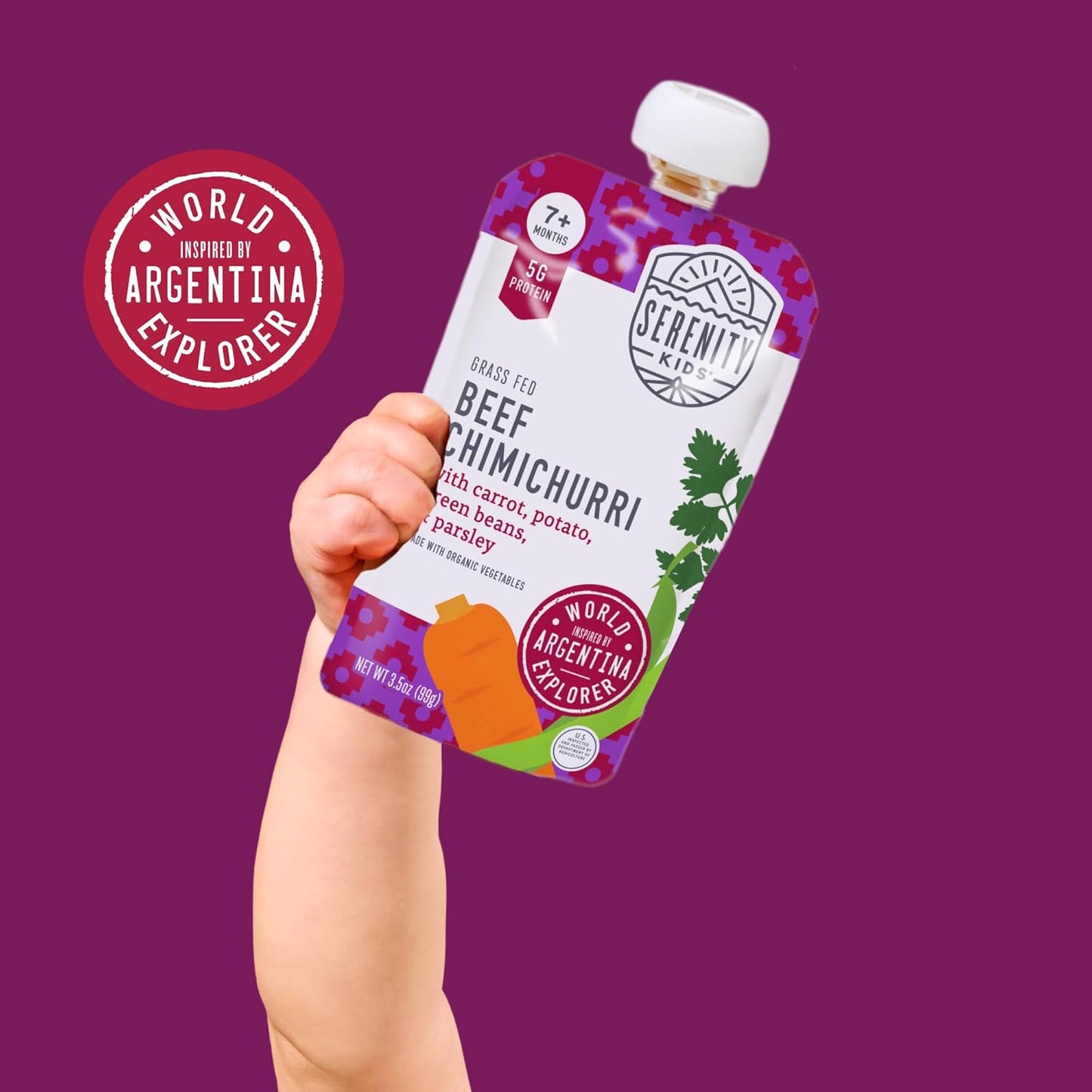 Serenity Kids 7+ Months Baby Food Puree Pouches Beef Chimichurri - Ethically Sourced Meat & Organic Veggies - BPA-Free Pouches - Toddler Food & Baby Snack - 3.5 Oz, 12 Pack