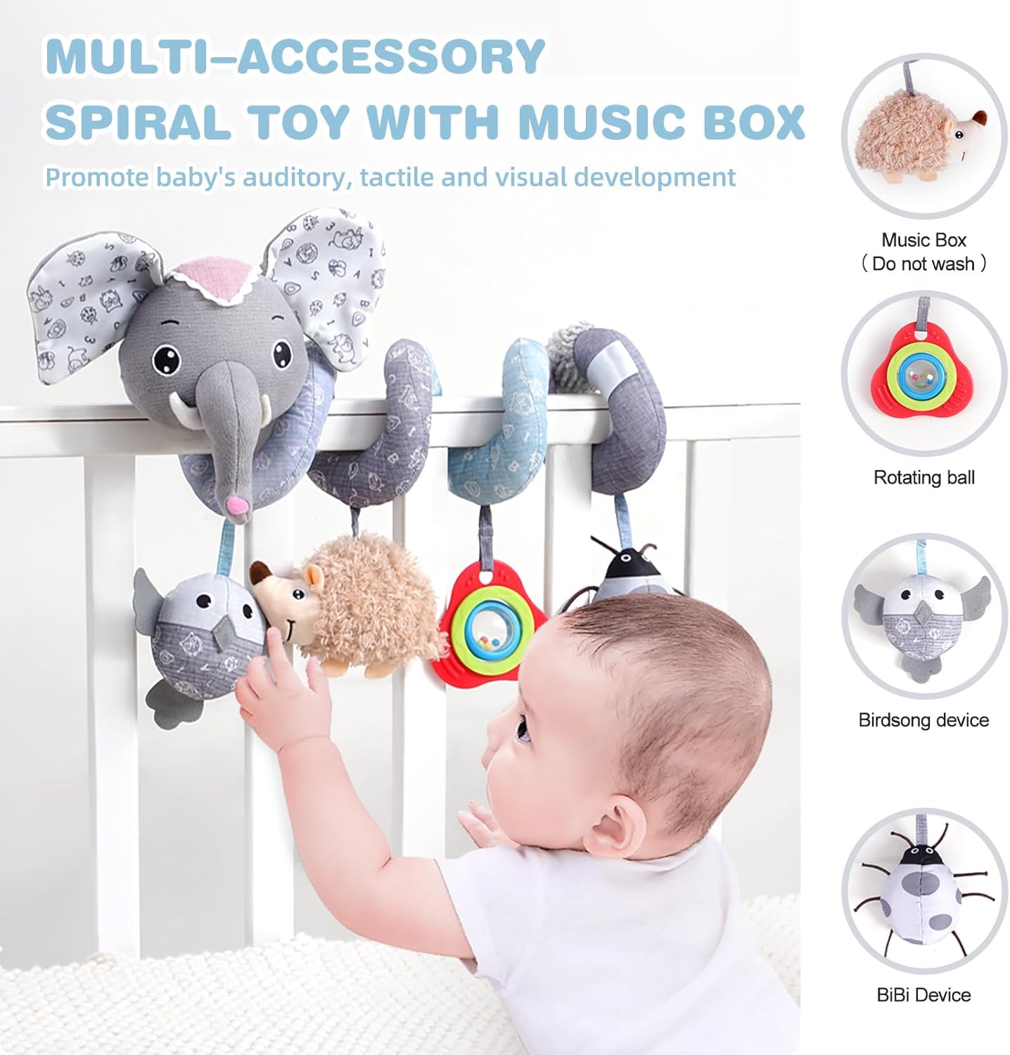 Jollybaby Baby Car Seat Stroller Toys, Plush Activity Hanging Spiral Activity Pram Crib with Music Box, Rattles, Squeaker for Babies Infant Boys Girls (SZ Gray Elephant)