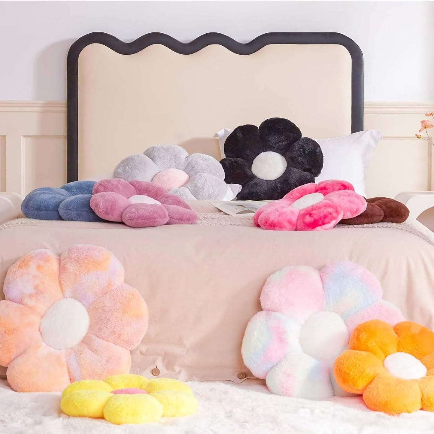 Rainbow Pink Flower Pillow, Cute Decorative Flower Shaped Throw Pillow with Faux Rabbit Fur, 14.9" Soft Flower Plush Throw Pillow Floor Pillows Room Décor for Bedroom Living Room