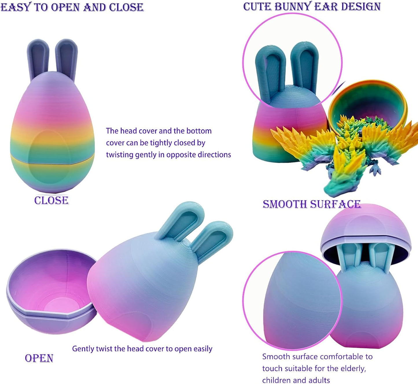 Easter 3D Printed Dragon in Egg with Wing, Full Articulated Dragon Crystal Dragon with Bunny Ears Eggs, Crystal Dragon Fidget Toys, Fidget Toys for Kids Adults Easter Gifts (Multi-colors)