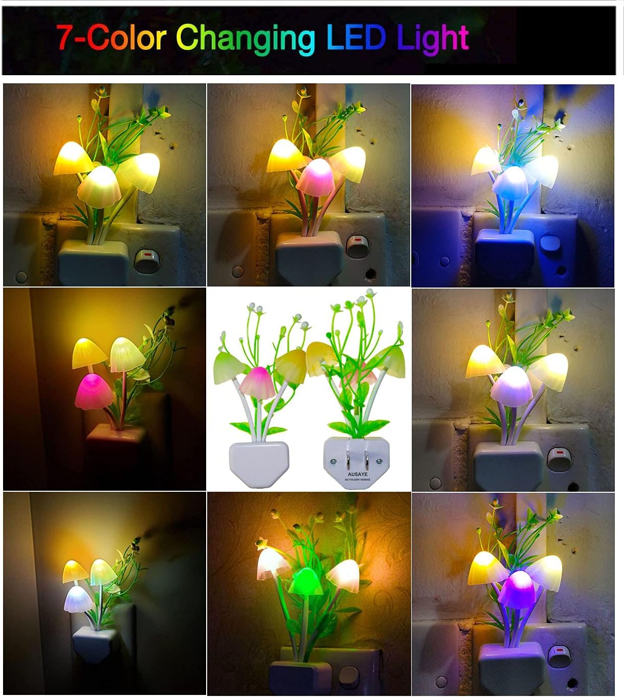 AUSAYE Sensor Night Light Plug in Mushroom Light LED Color Changing Nightlights for Kids, Adults, Bedroom, Bathroom,Hallway, Stairs, Kitchen Pack of 6