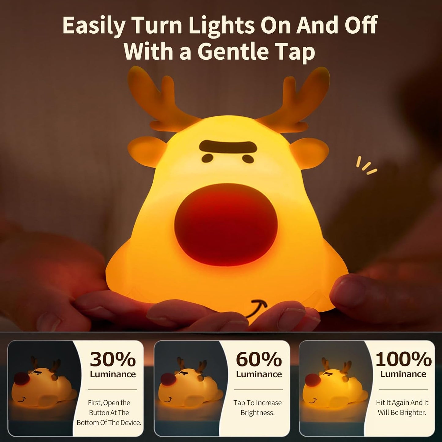 Baby Night Light, 3-Level Dimmable Rechargeable Nursery Nightlight, Timed Reindeer Bedside Touch Light Baby Room Decor, Suitable for Infants and Children During Lactation