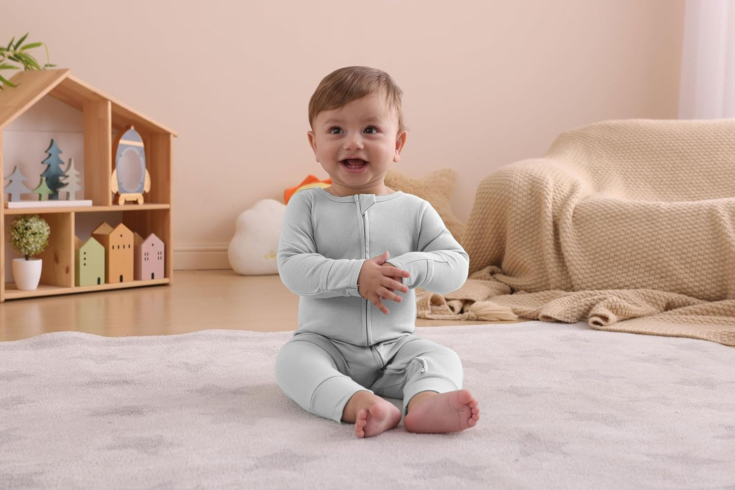 GUISBY Long Sleeve Cotton Pajamas Footless Baby Bodysuits with Zipper and Mittens 3-Pack for Boys Girls