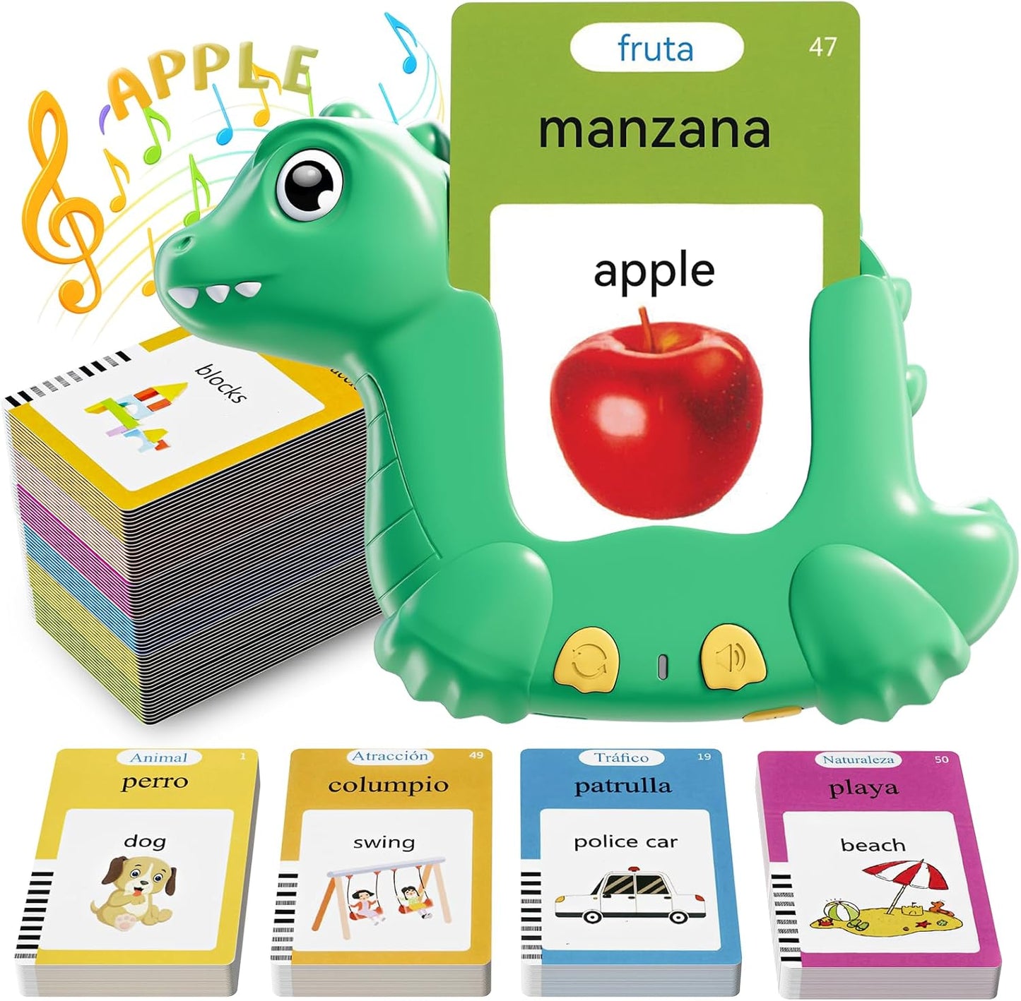 Spanish and English Talking Flash Cards for Toddlers with 510 Sight Words, Dinosaur Shaped Bilingual Pocket Speech Therapy and Autism Toys, Educational Learning Toys Gift for Kid Boys Girls