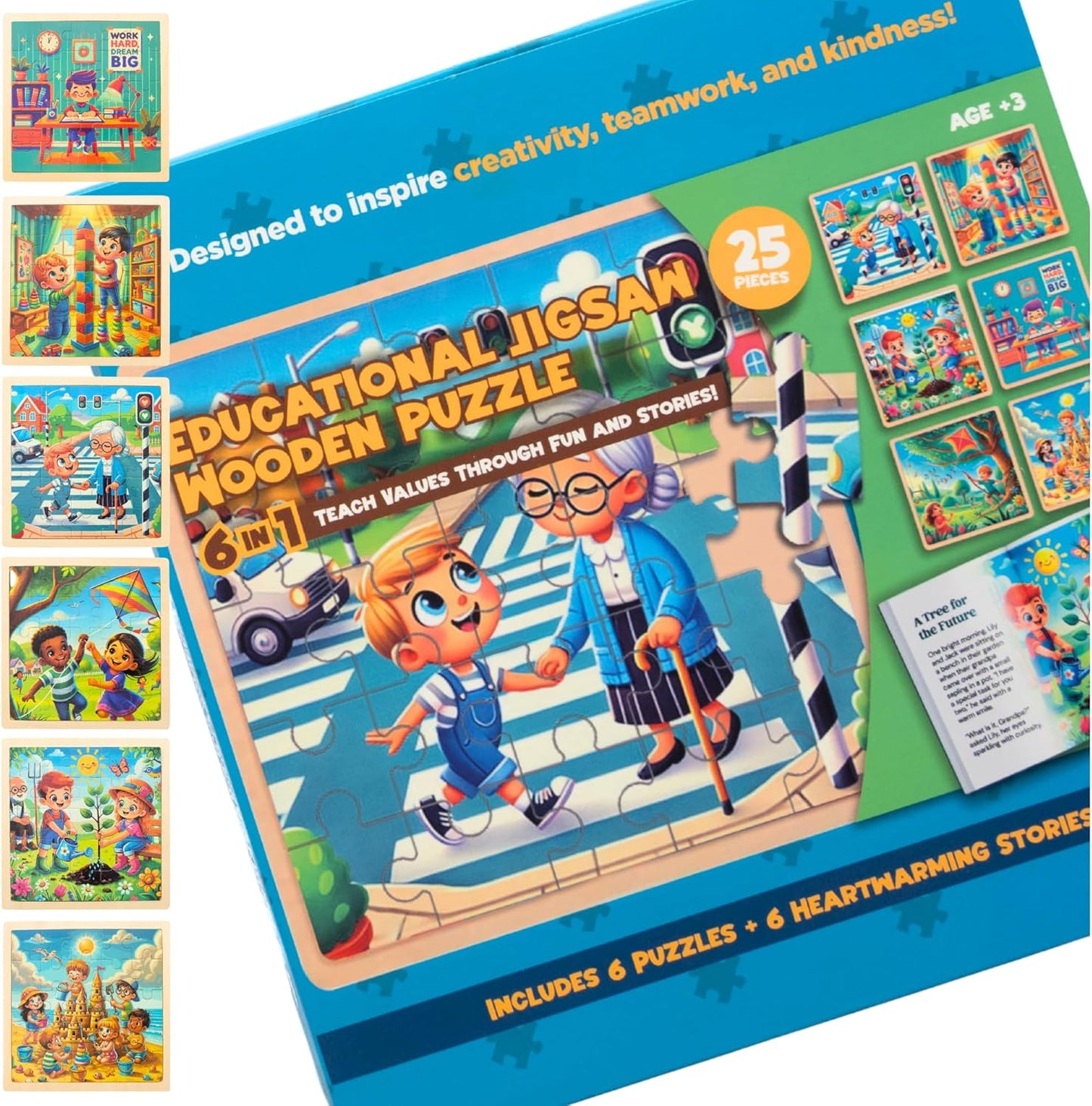6 Educational Wooden Puzzles & Storybook, Teaches Kindness, Empathy & More β 6 in 1 Jigsaw Puzzle for Kids Ages 3-7 β Learn Real Values Through Stories β Montessori Puzzle Set 25 Pieces