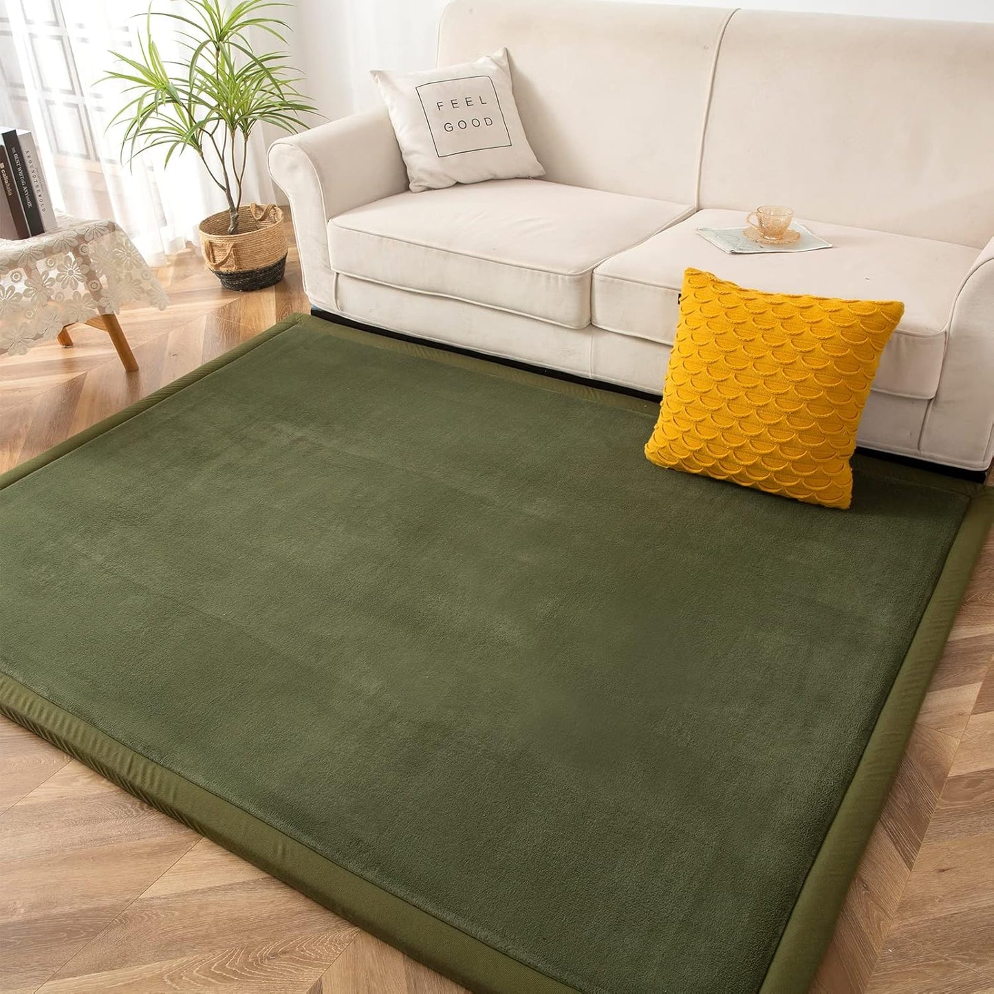 MAXYOYO Coral Velvet Area Rug, Thick Japanese Tatami Mat Living Room Carpet with Non-Slip Backing, Large Solid Color Mat for Bedroom Dormitory Yoga, Olive Green, 78 by 78 inch