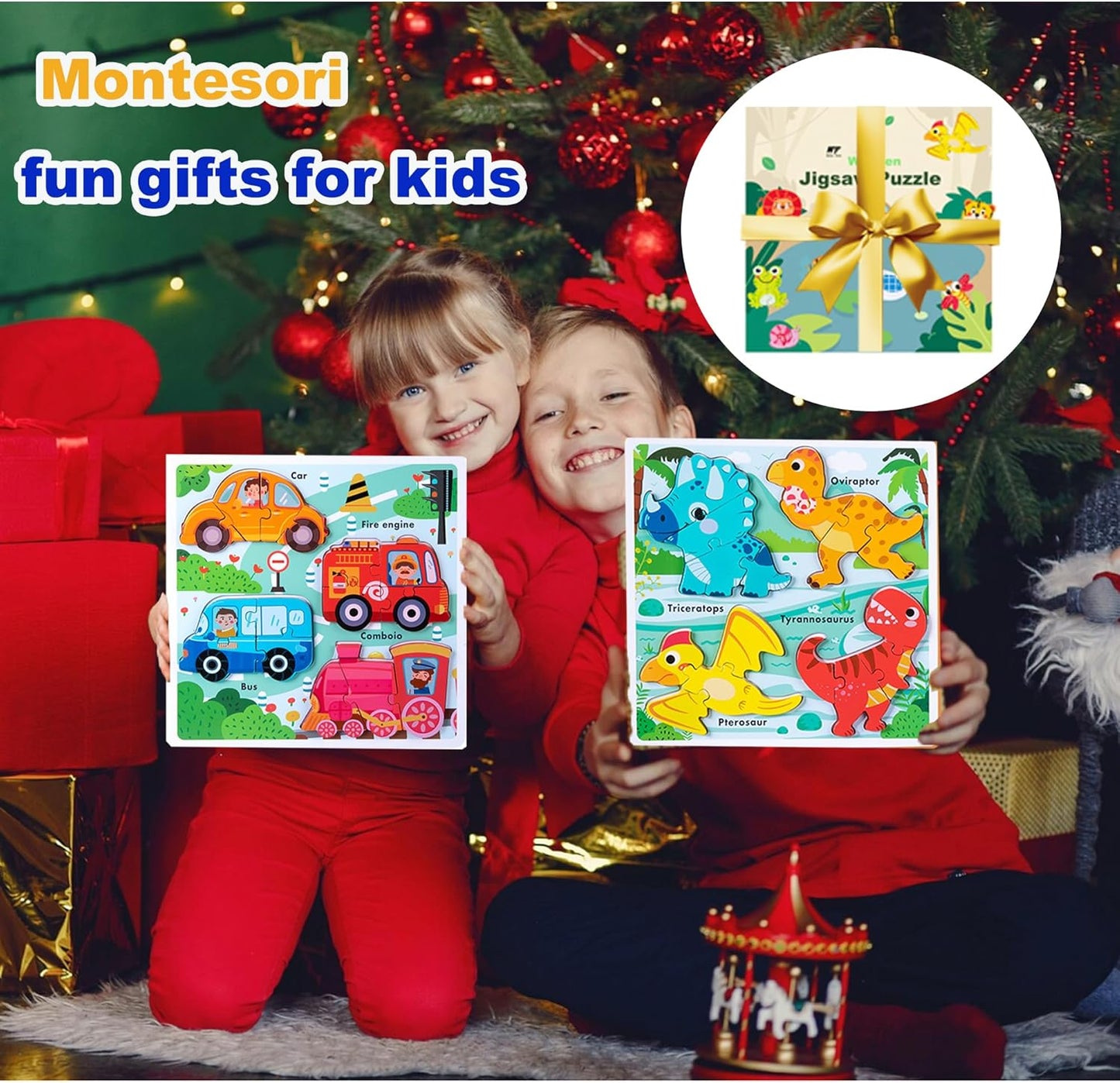 Wooden Puzzles for Toddlers 2-4 ,Vehicle & Dinosaur Toddler Puzzles Age 2-3,Toddler Toys for 2 3 Years Old Girls Boys,Montessori Learning Gifts for 2-3