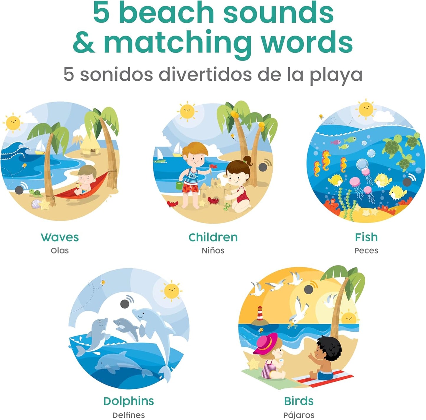 Binibi Spanish Books for Babies & Toddlers 1-3 The Beach Interactive Bilingual Sound Book with Fun Beach Sounds | Bilingual Children's Book | Spanish Learning for Kids