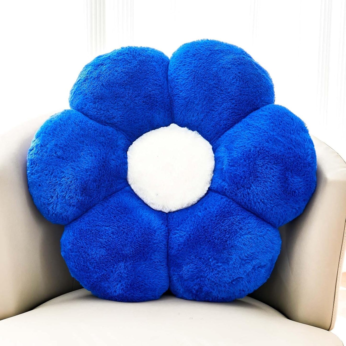 Royal Blue Flower Pillow, Cute Decorative Flower Shaped Throw Pillow with Faux Rabbit Fur, 14.9" Soft Flower Plush Throw Pillow Floor Pillows Room Décor for Bedroom Living Room