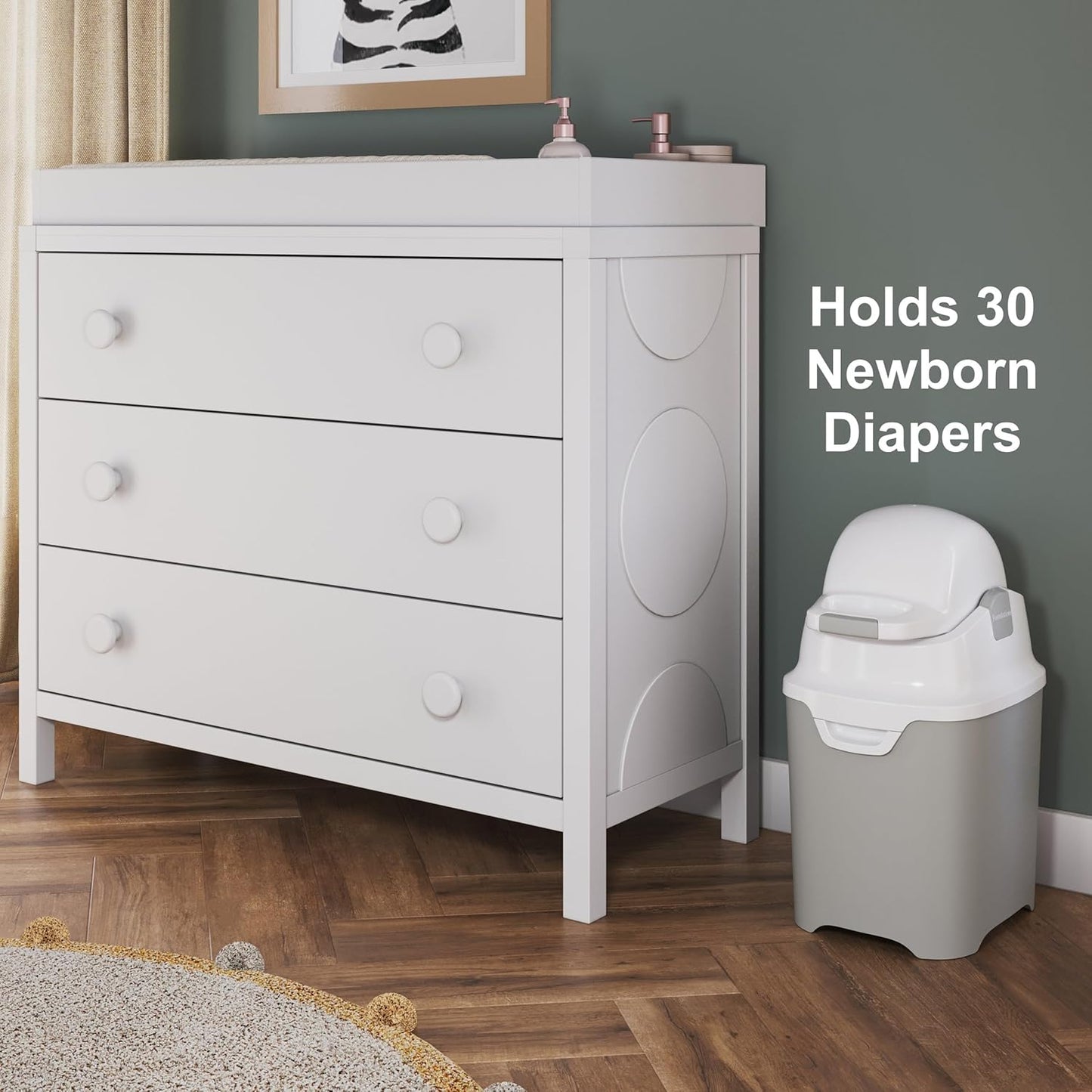 Foundations Mini Diaper Pail with Airtight Lid - Durable & Odorless Diaper Disposal, Large Capacity, Holds up to 30 Newborn Diapers, Refill with Any Bags - White