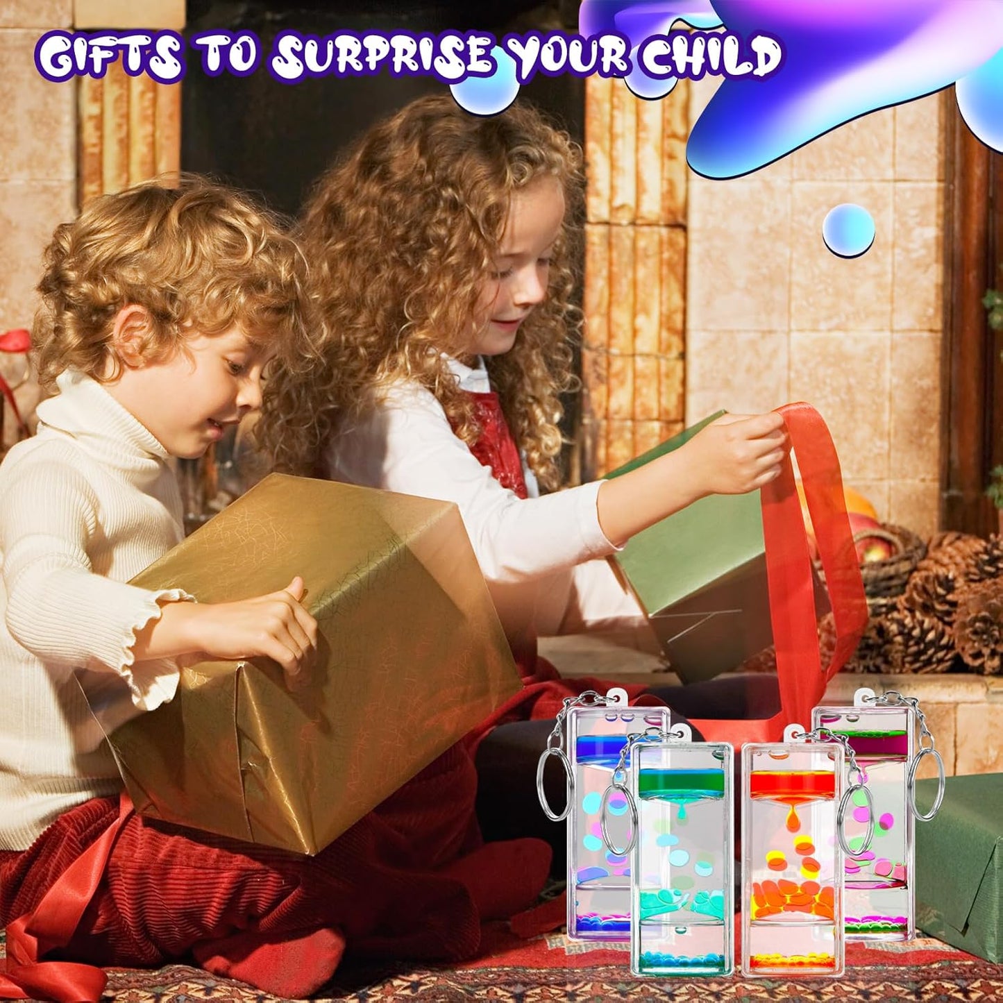 Sensory Fidget Keychain - Vibrant 4-Pack Liquid Motion Bubblers for Stress Relief & Focus - Perfect for Kids, Adults, Travel & Classroom - Ideal Party Favors (4 Pcs Keychain)